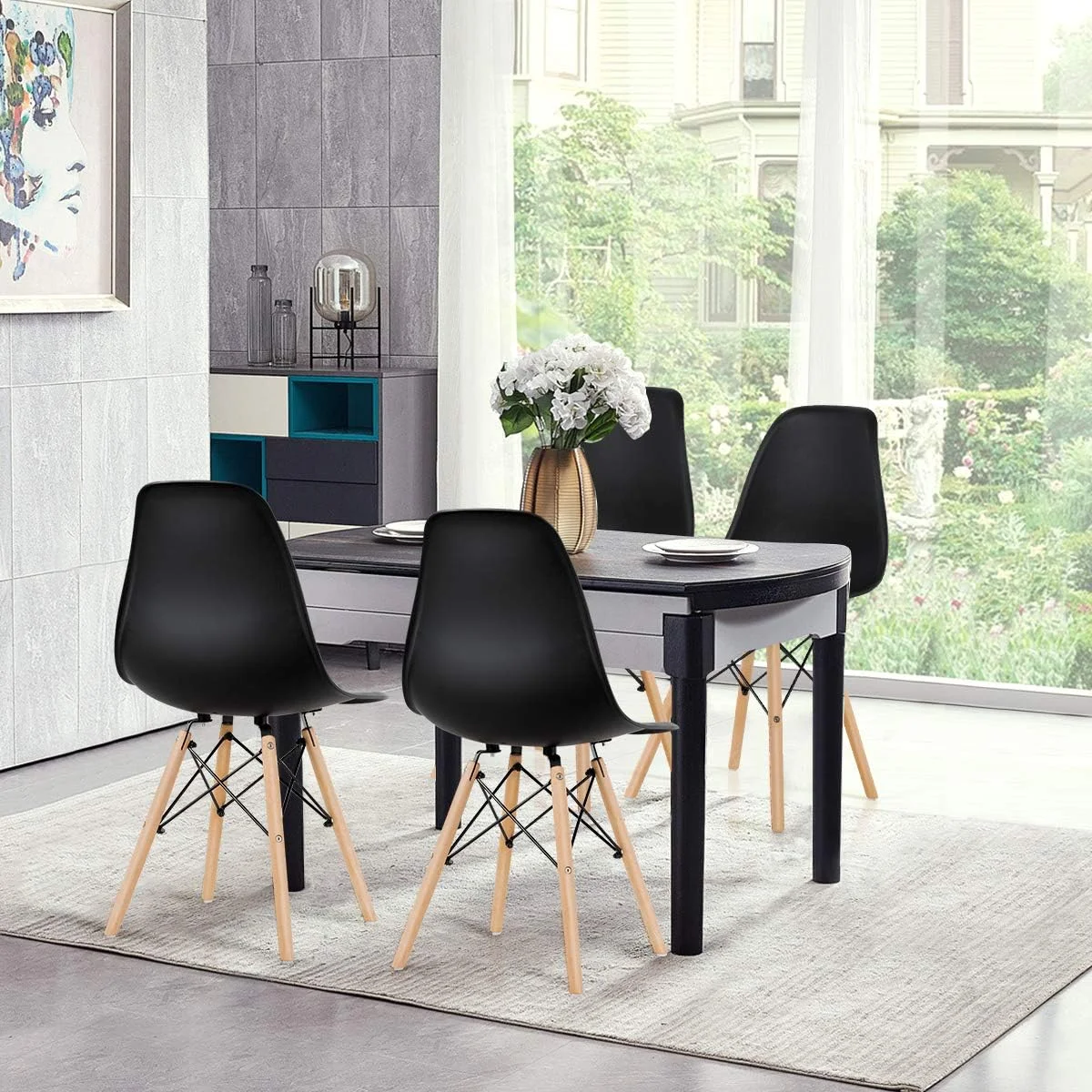 CGFHYP DSW Dining Chairs  Shell Plastic Chairs with Wood Legs  Modern Style Armless Chairs  Room Kitchen Bedroom  Eiffel DSW Style Side Chairs with Ergonomic Backrest   Black