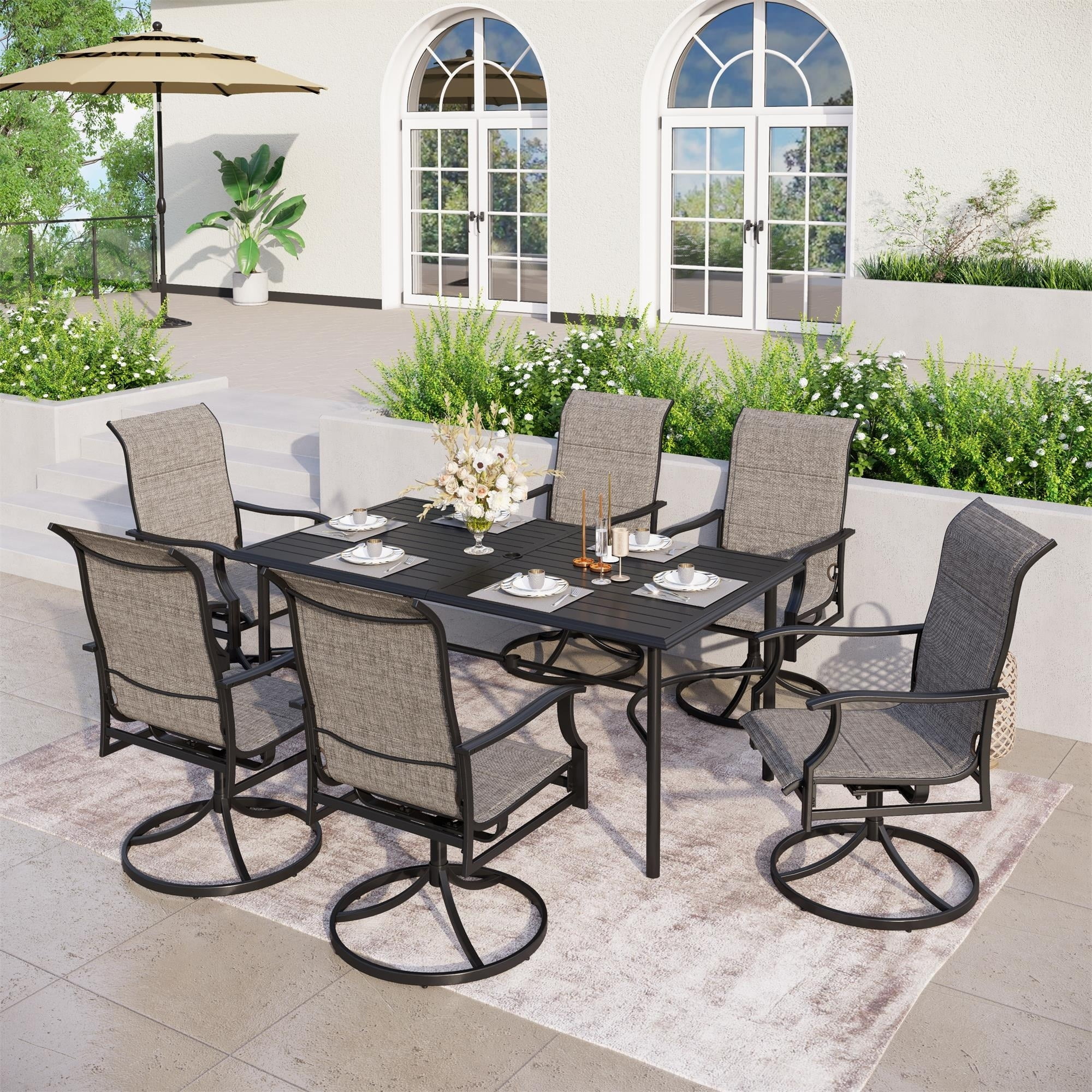 7-Piece Patio Dining Set Steel Rectangle Table & High-back Padded Textilene Chairs Swivel Chairs