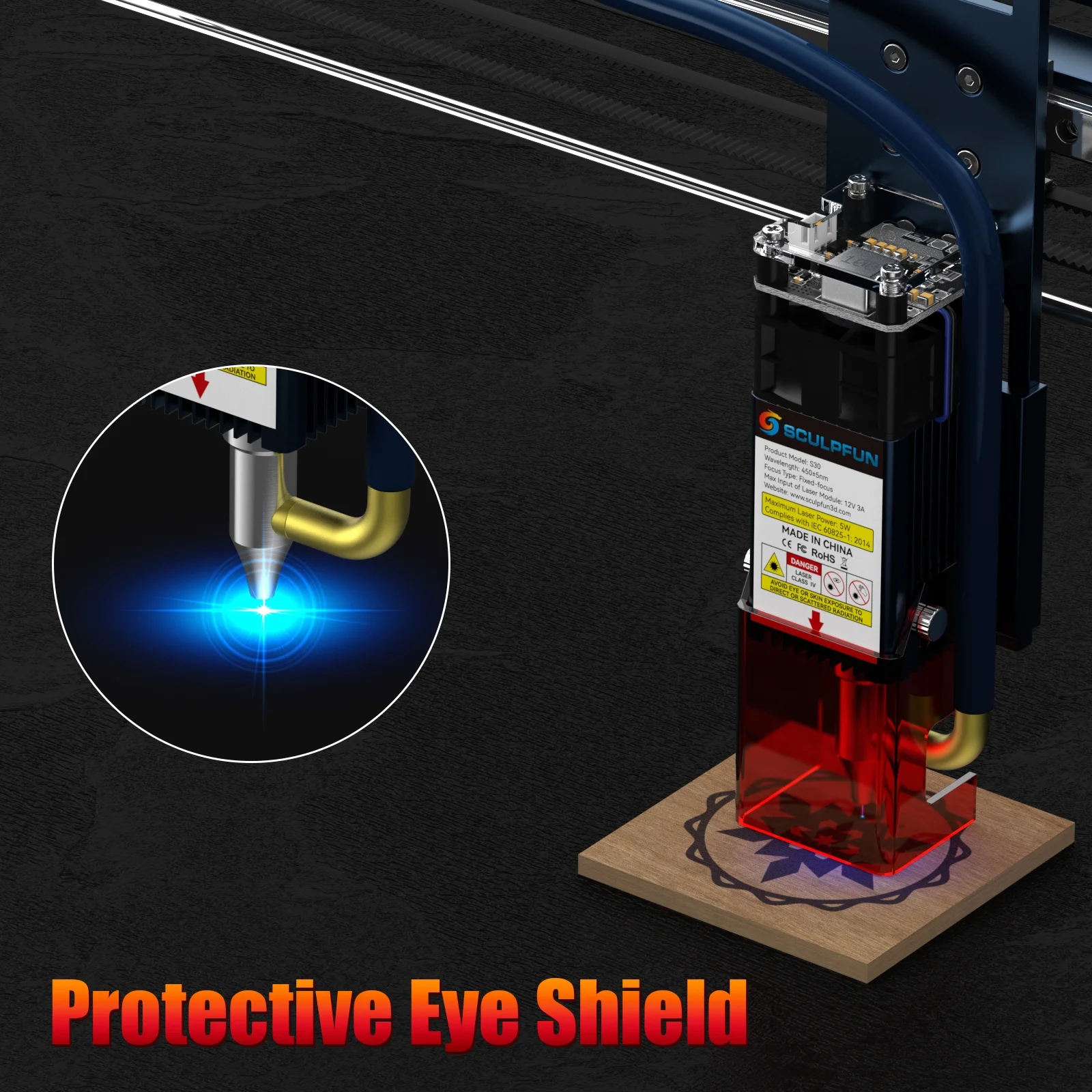 SCULPFUN S30 Engraver, 5W Engraving Machine with Automatic Air-assist System, Replaceable Lens Eye Protection Shield, 410x400mm