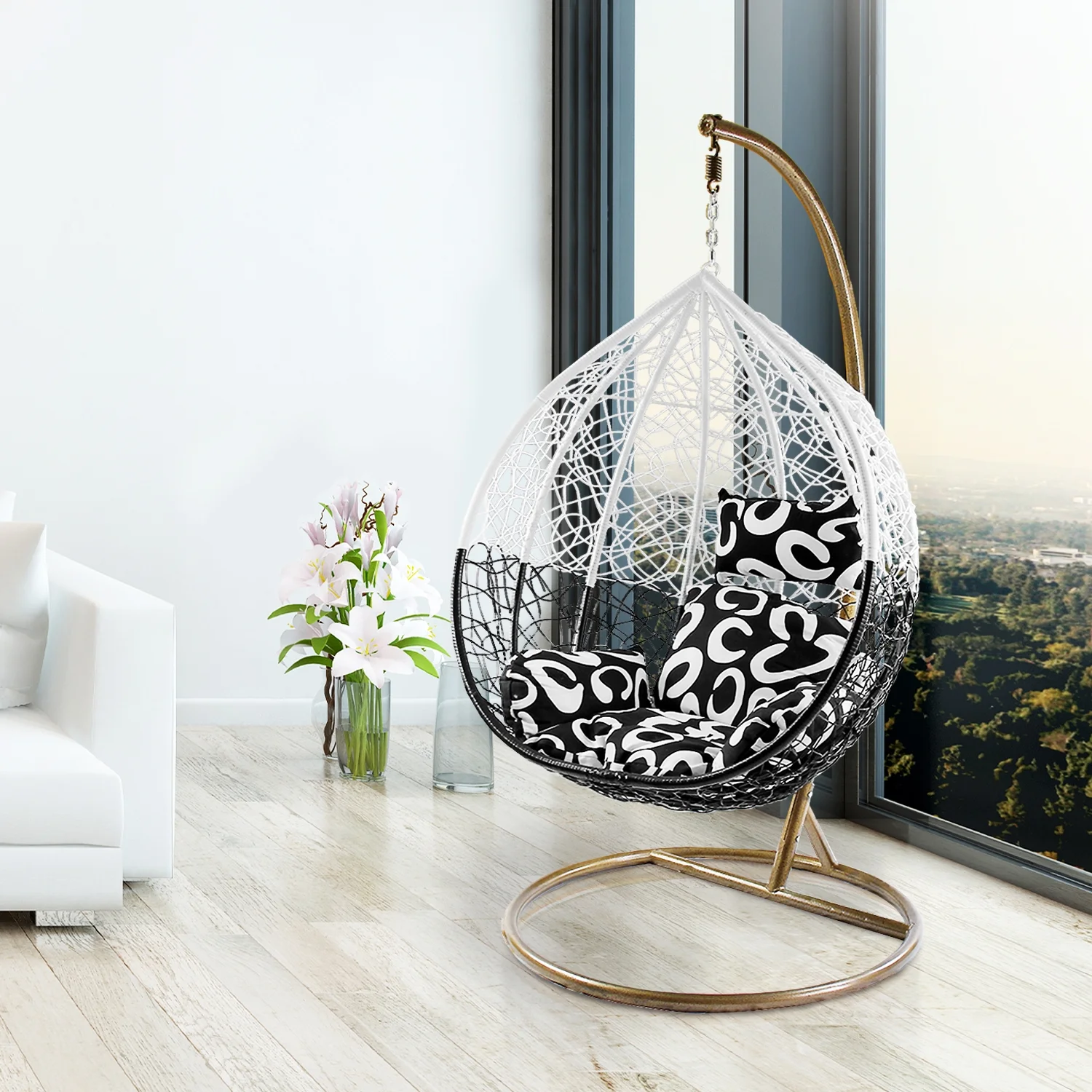 Wicker Rattan Hanging Swing Chair with White Metal Stand and Cushion