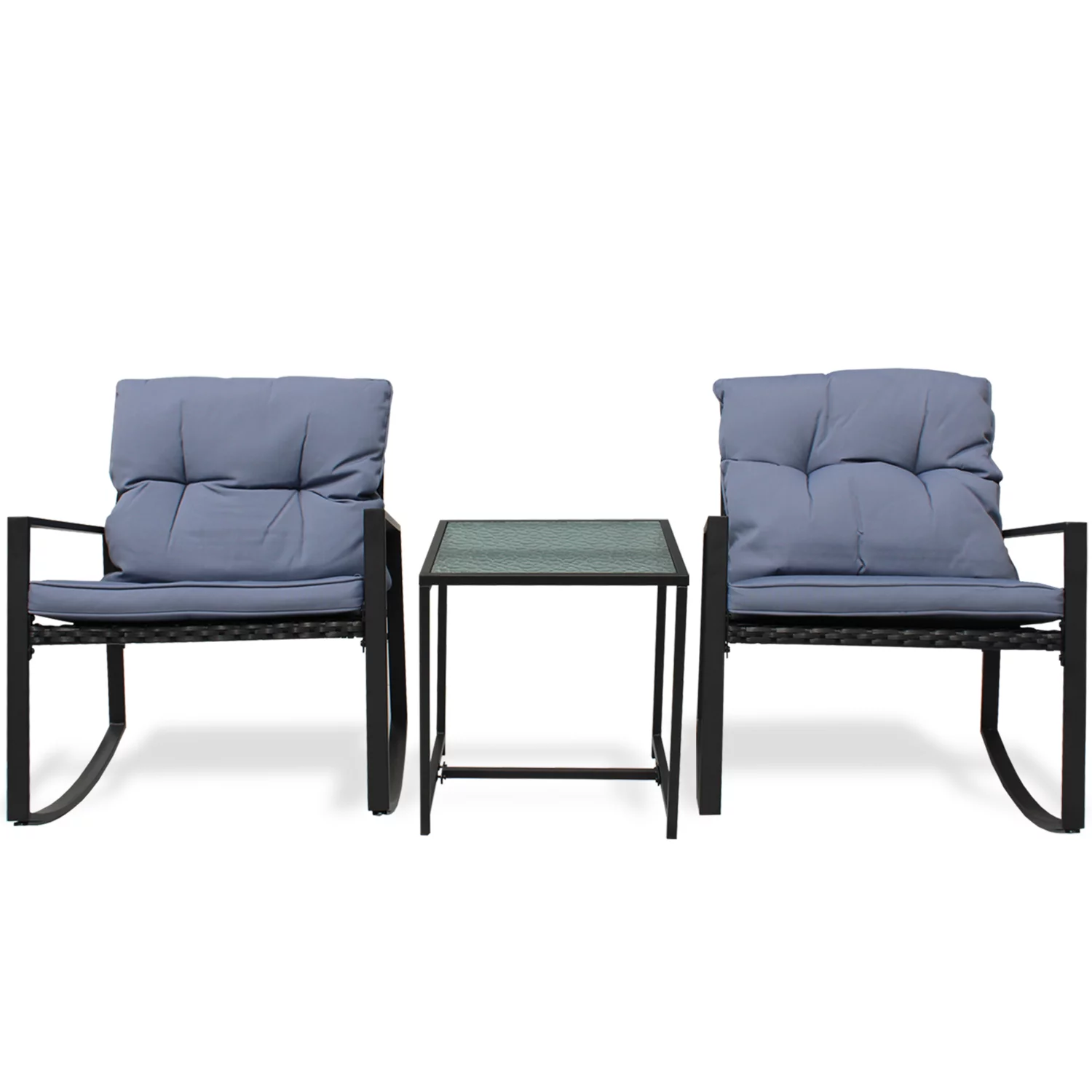 Patio 3-Piece Rocking&nbsp;Rocking Chair Set: Black Wicker Furniture-Two Chairs with Glass&nbsp;occasional&nbsp;Table