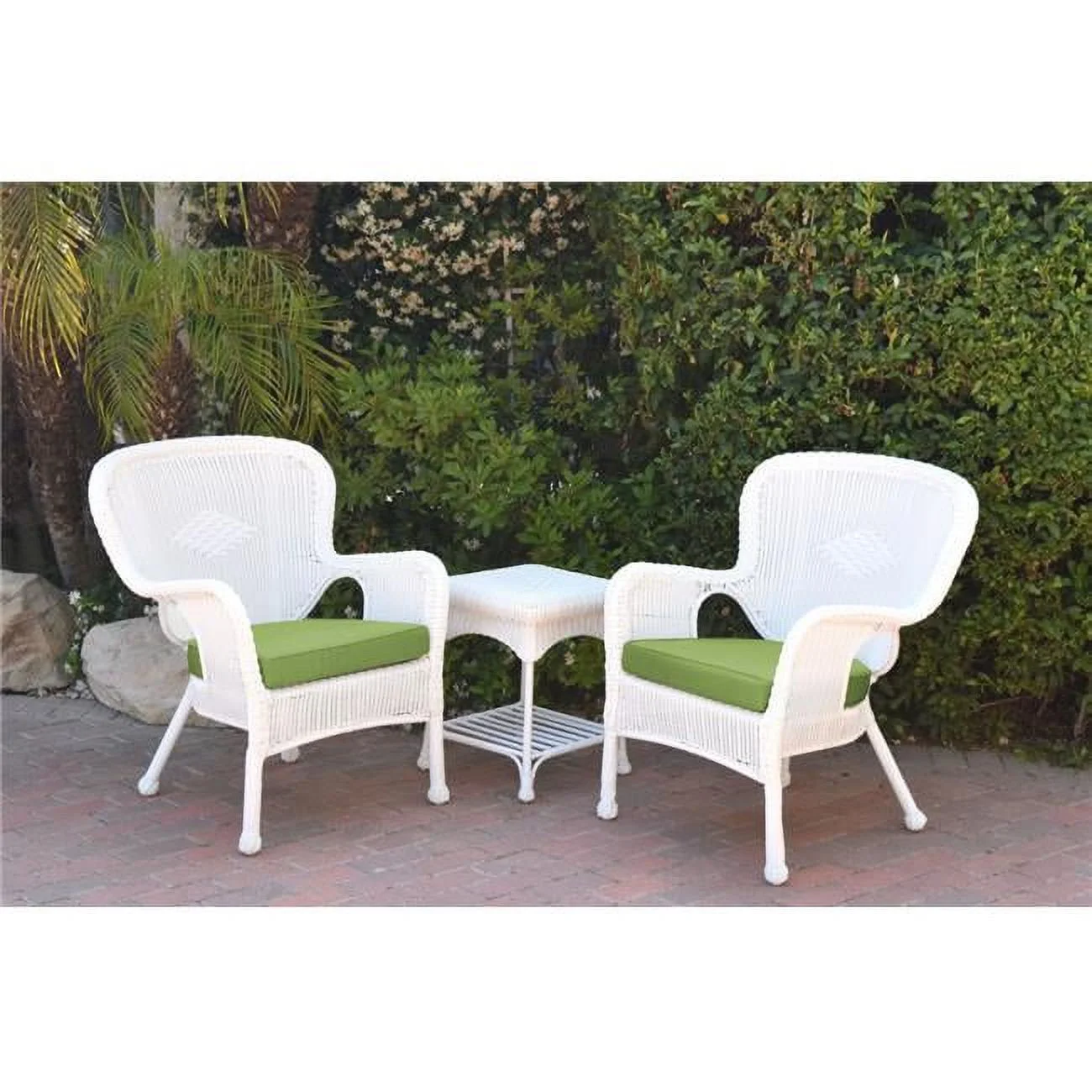 Jeco W00213-2-CES029 Windsor White Wicker Chair & End Table Set with Green Cushion