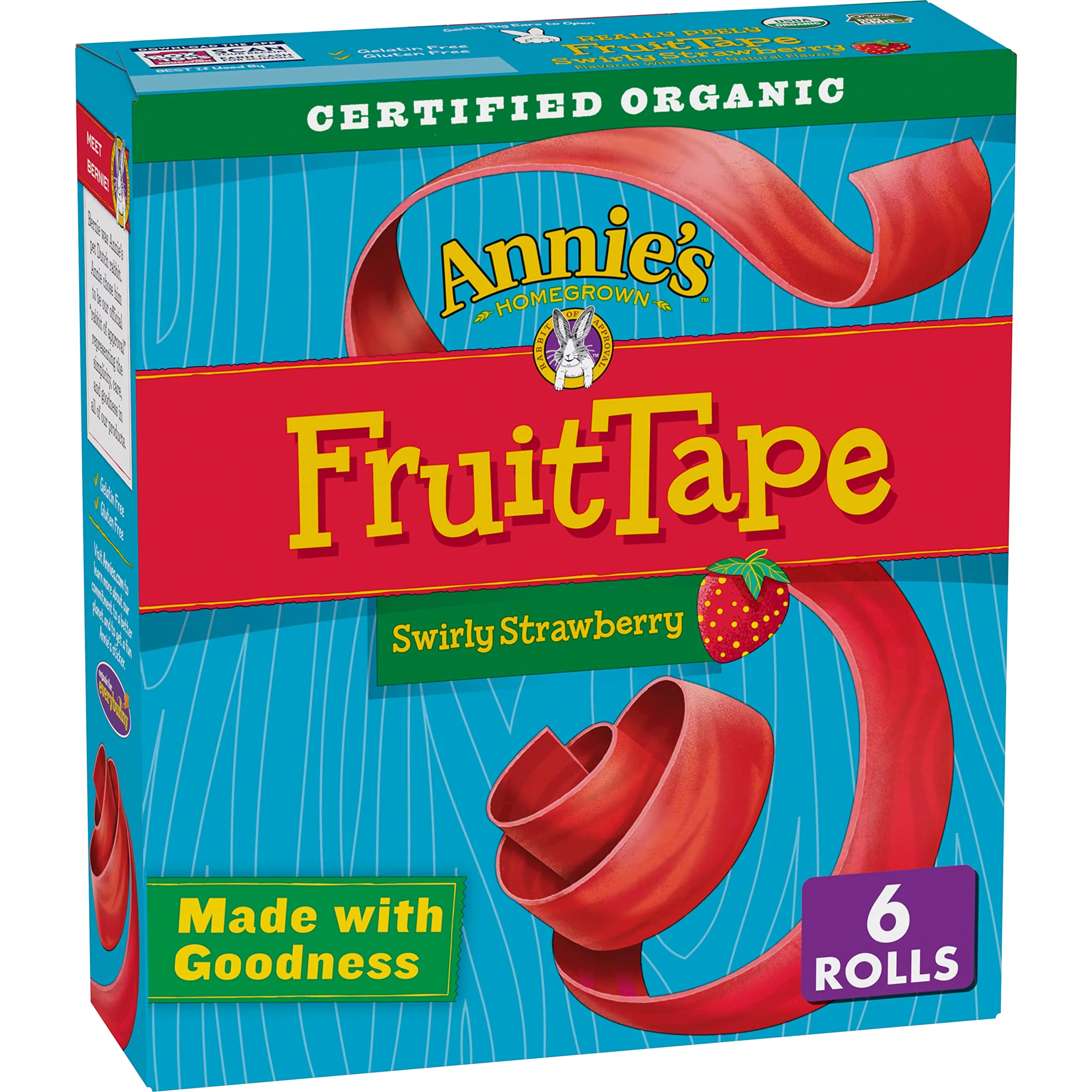Annie,S Organic Fruit Tape, Swirly Strawberry, Non-Gmo And Organic Fruit Snacks, 6 Rolls