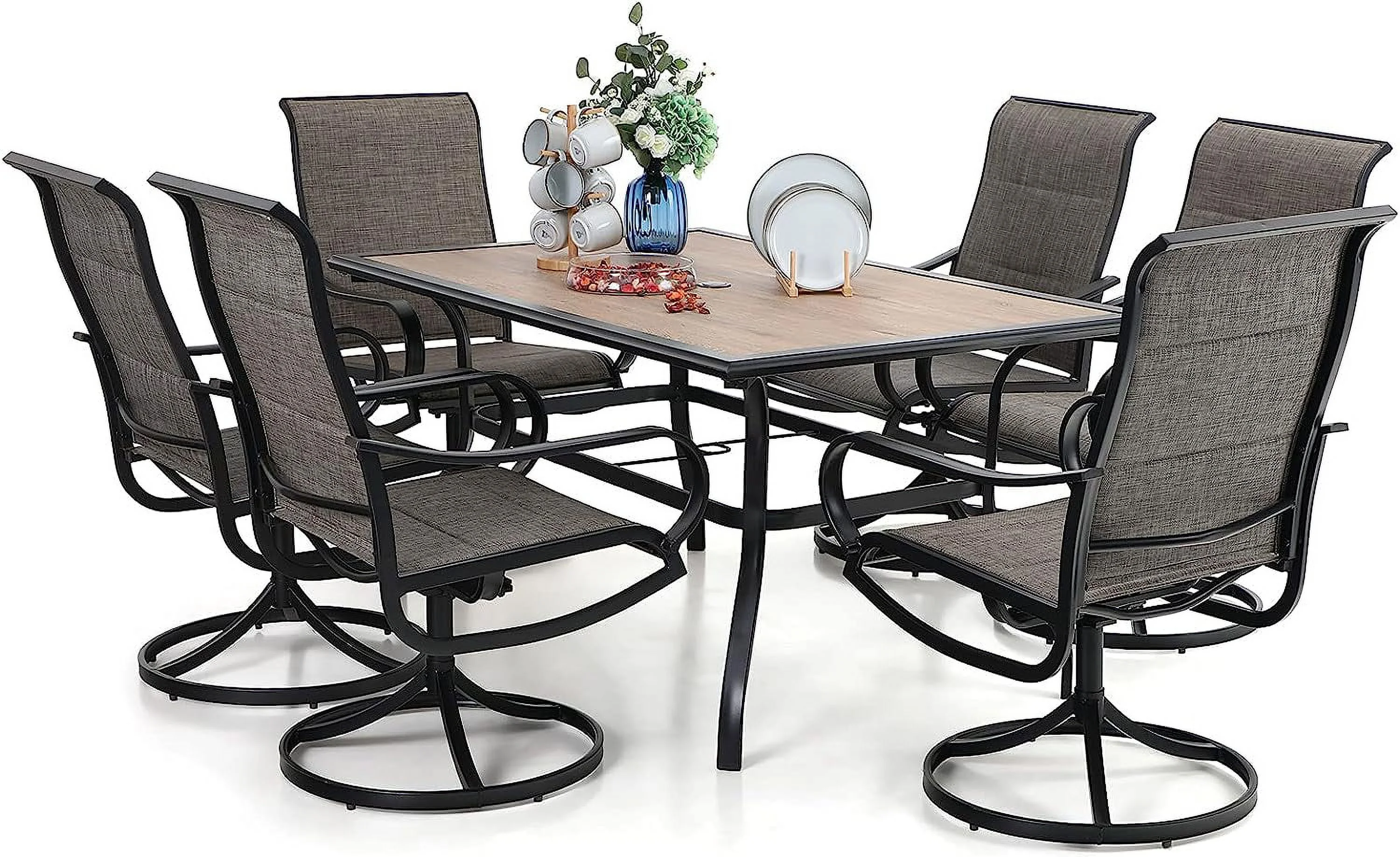 VILLA Patio Dining Set for 6  7 Piece Outdoor Table and Chairs with 6 Padded Swivel Chairs & 1 60" x 38" Wood Like Metal Dining Table(1.57" Umbrella Hole)  All Weather Din
