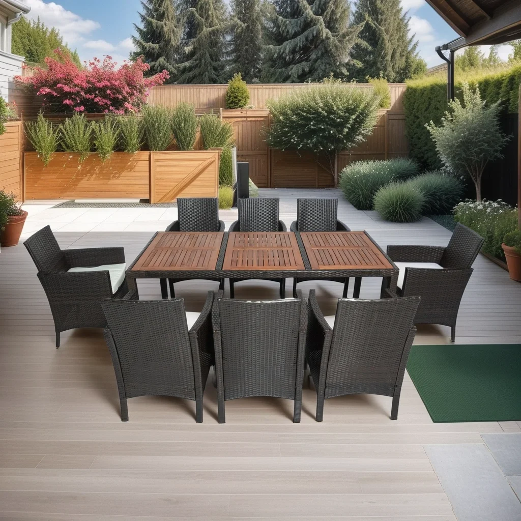 9 Piece/Set ,Rugged and Durable,Outdoor  Wicker Dining Set Wicker Furniture Dining Set with Acacia Wood Top Brown Wicker + Crème Cushion ,Equipped with Seat Cushions and Wide Armrests