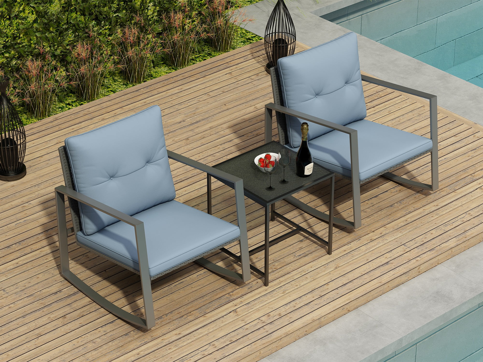 Nikias 3-Piece Modern Patio Furniture Set -Two Plush Cushioned Chairs With Solid Glass Coffee Table - Grey