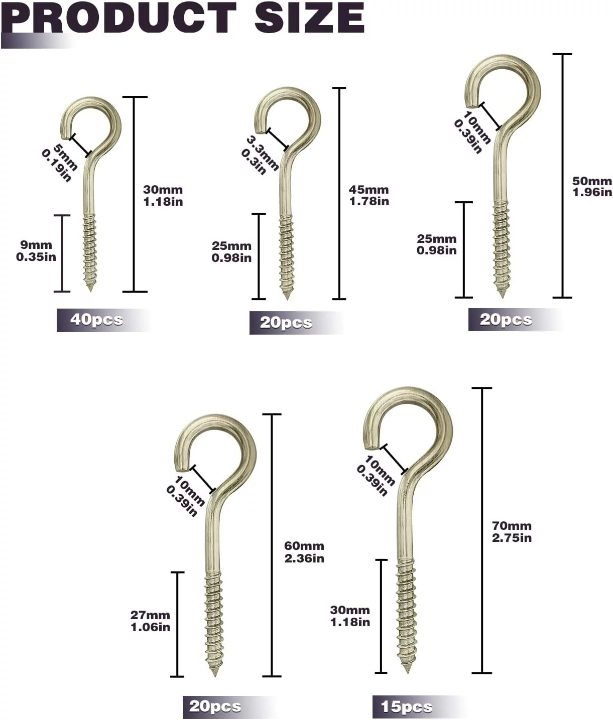 115 Pcs 5 Sizes Screw-in Hooks Kits Ceiling Hooks Heavy Duty Screw Hooks Mug Hooks Holder for Hanging Plants, Home and Office Use - 1.18