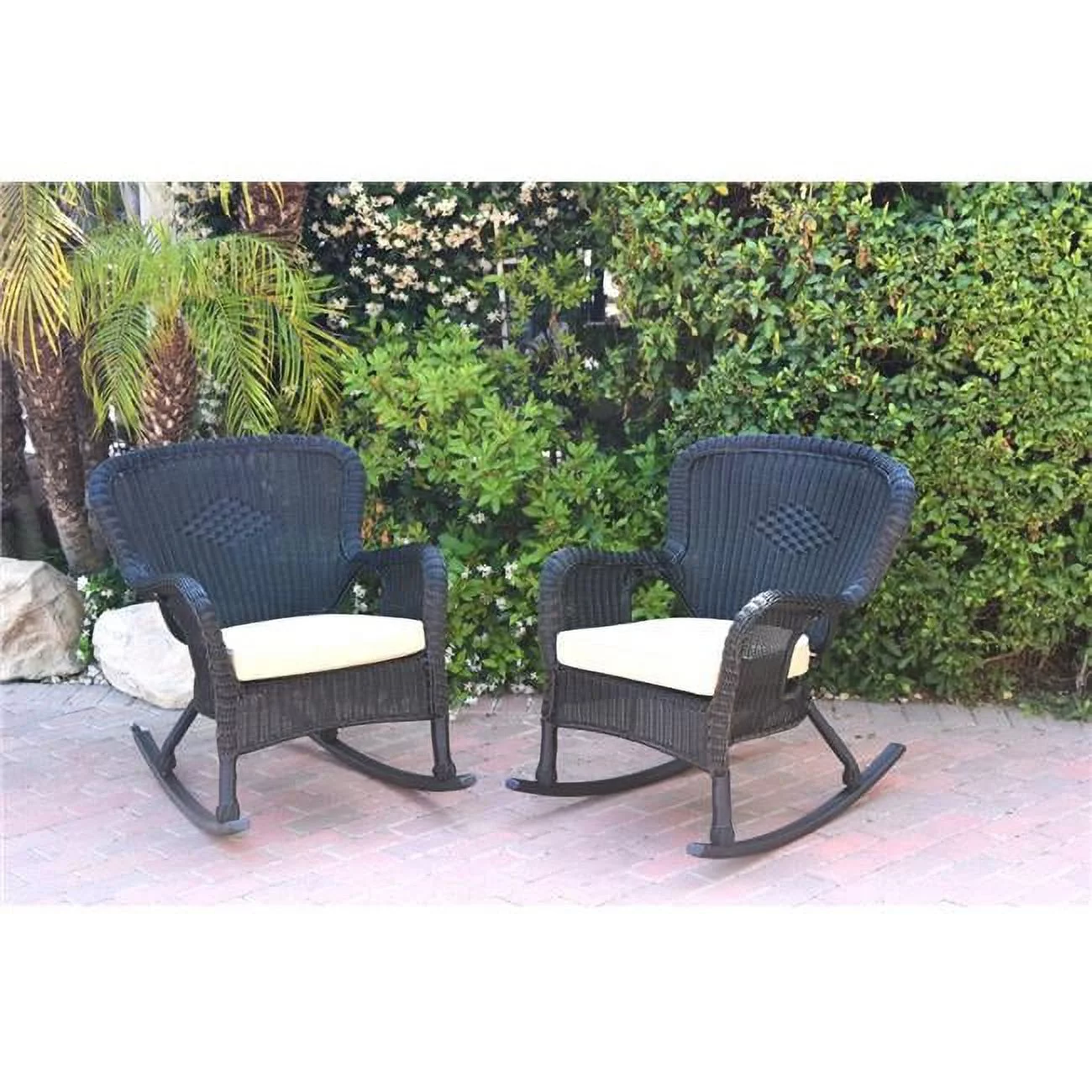 W00214-R-2-FS006 Windsor Black Resin Wicker Rocker Chair with Tan Cushion - Set of 2
