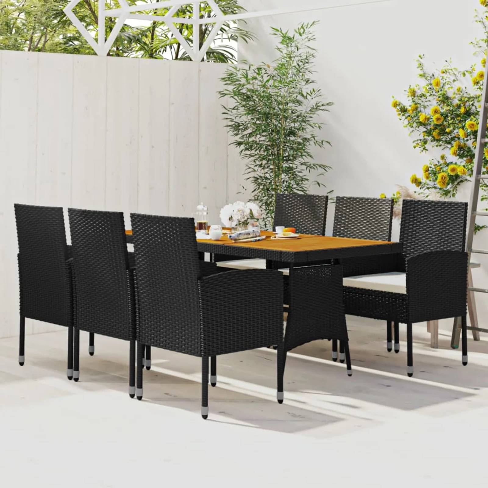 walmeck 7 Piece Patio Dining Set Poly Rattan Black