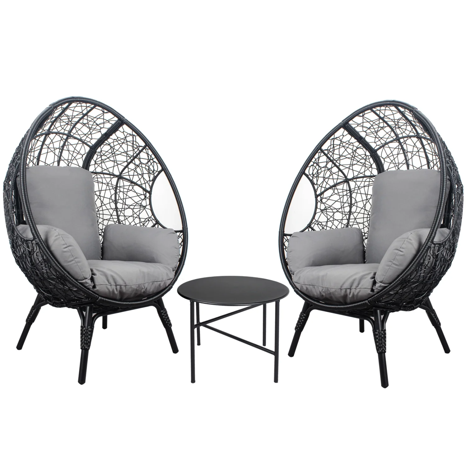 3 Stylish Black Color PE Rattan Egg Chairs (Model 3) Set with Side Table  Modern Grey Cushion Patio Furniture for Outdoor Relaxation