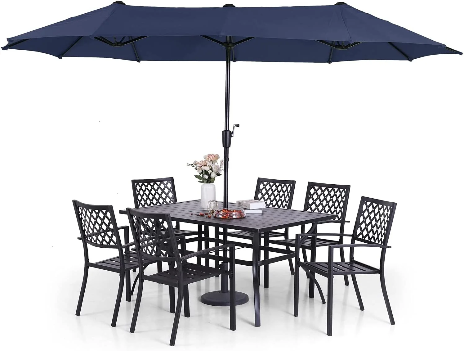 & William Patio Dining Set with 13ft Double-Sided Patio Umbrella  8 Piece Metal Outdoor Table Furniture Set with 6 Outdoor Stackable Chairs  1 Rectangle Dining Table and 1 Large Navy