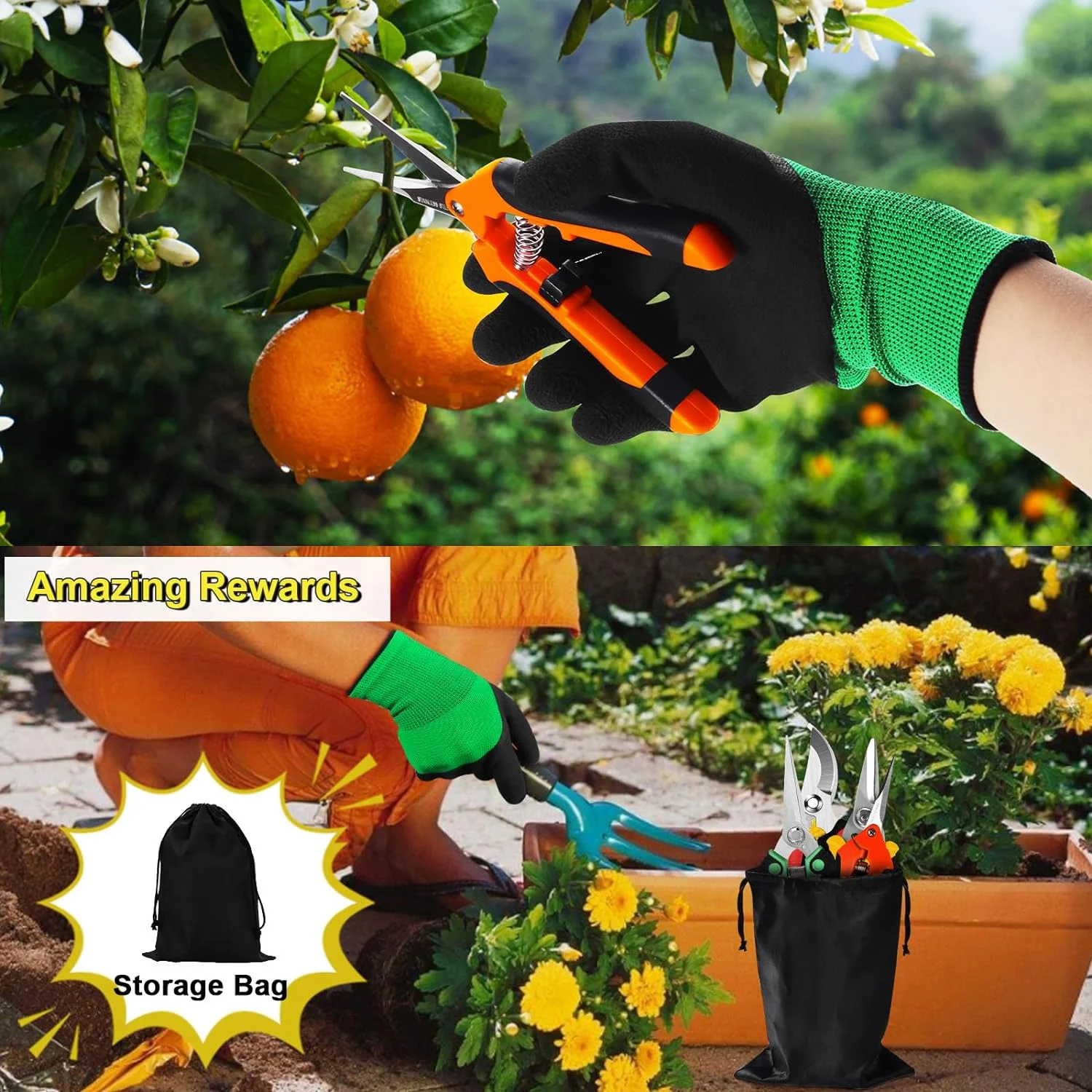 3 Pack Garden Pruning Shears Stainless Steel Blades Handheld Pruners Set with Gardening Gloves