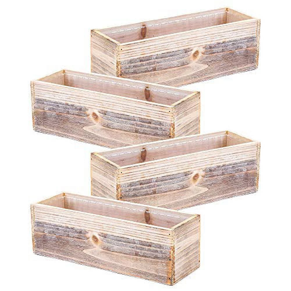Wood Planter Box Set, Rustic Whitewash, Plastic Liner, 12x4 Inch (Set of 4)