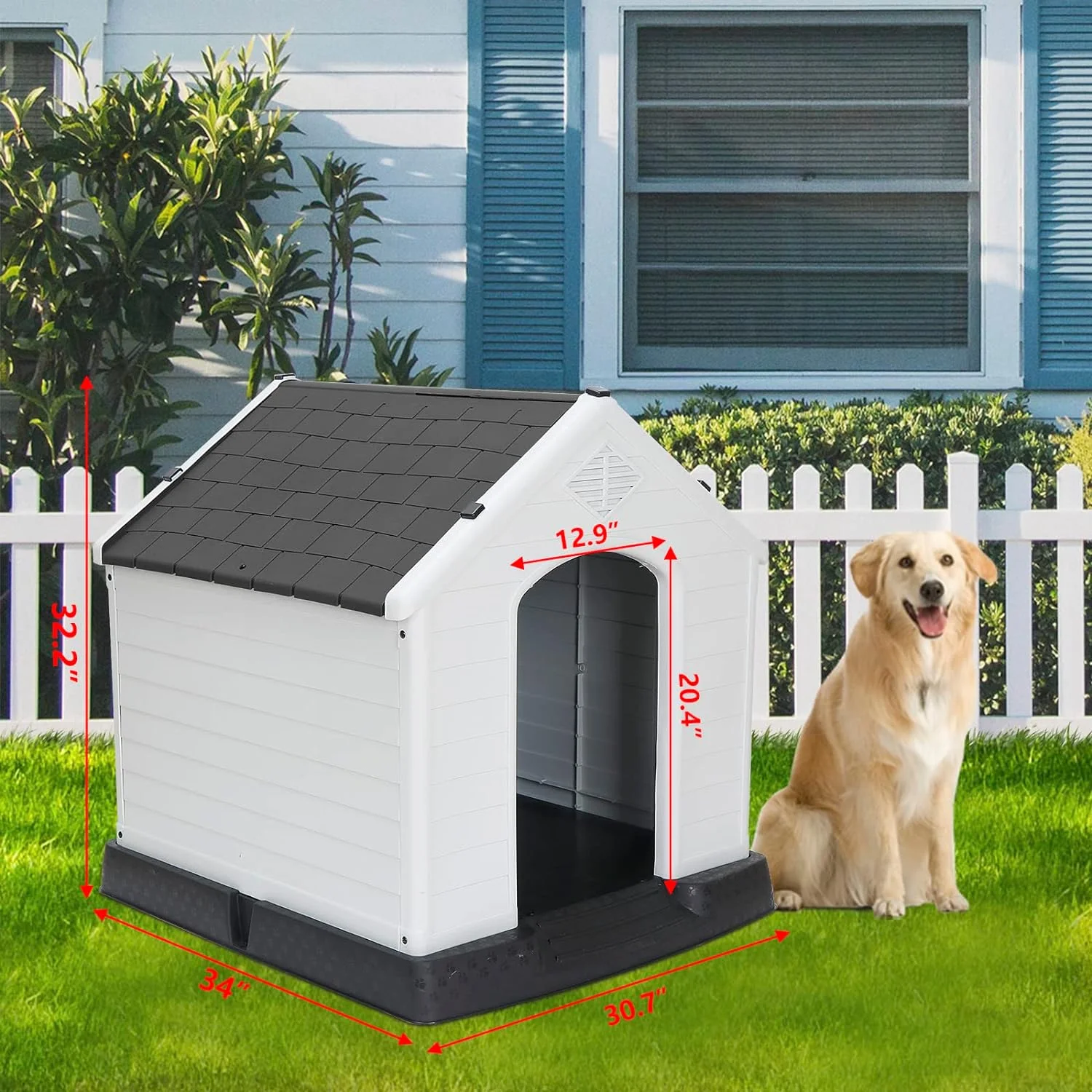 Large Plastic Dog House Indoor Outdoor Doghouse Dog Kennel Easy to Assemble Puppy Shelter w/Air Vents Elevated Floor Waterproof (Grey)