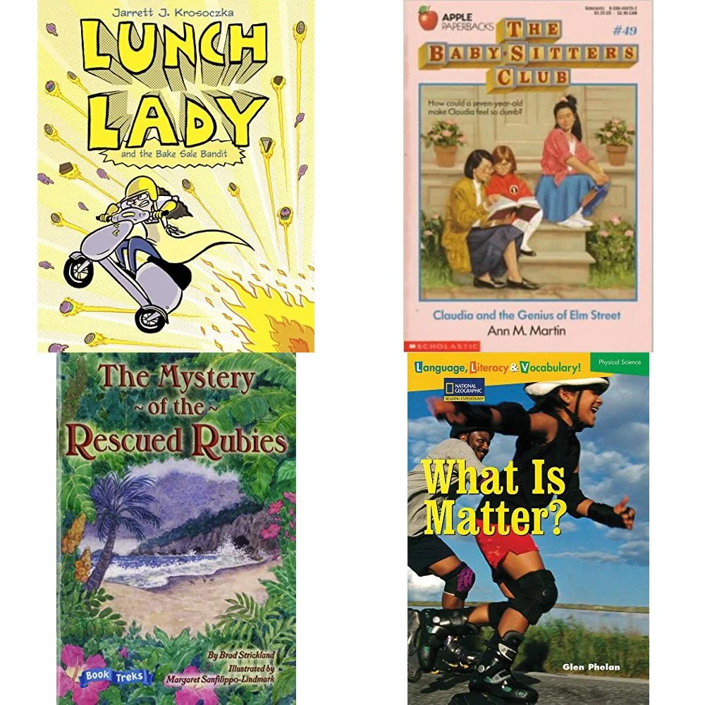 Children's Fun & Educational 4 Pack Paperback Book Bundle (Ages 6-12): Lunch Lady and the Bake Sale Bandit Lunch Lady, Book 5, Claudia and the Genius of Elm Street The Baby-Sitters Club #49, Book Trek