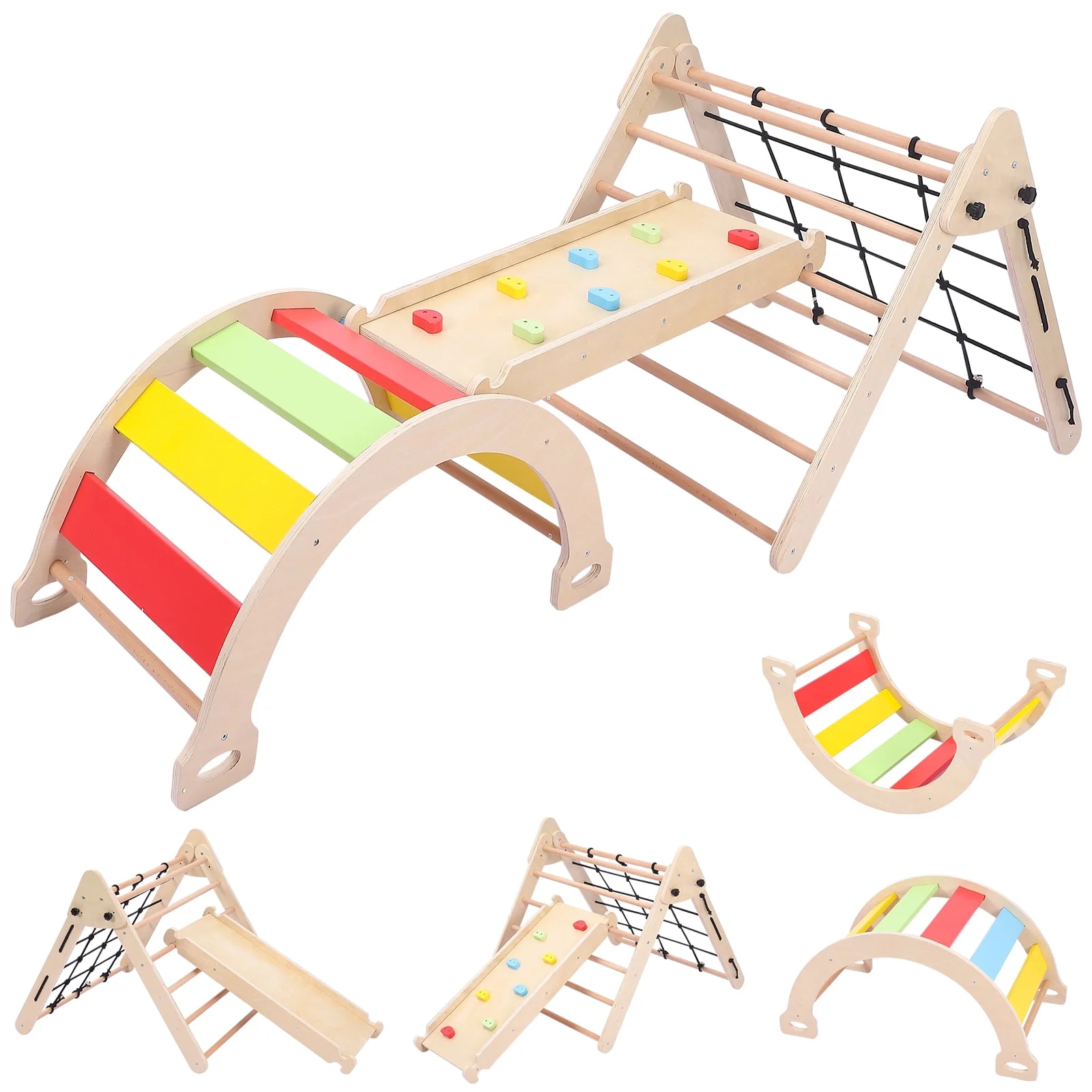 Toddler Indoor Gym Playset, 5-in-1 Wooden Climbing Toys, Triangle Folding Climbing for Climbing & Sliding for Boys and Girls, 18Month+