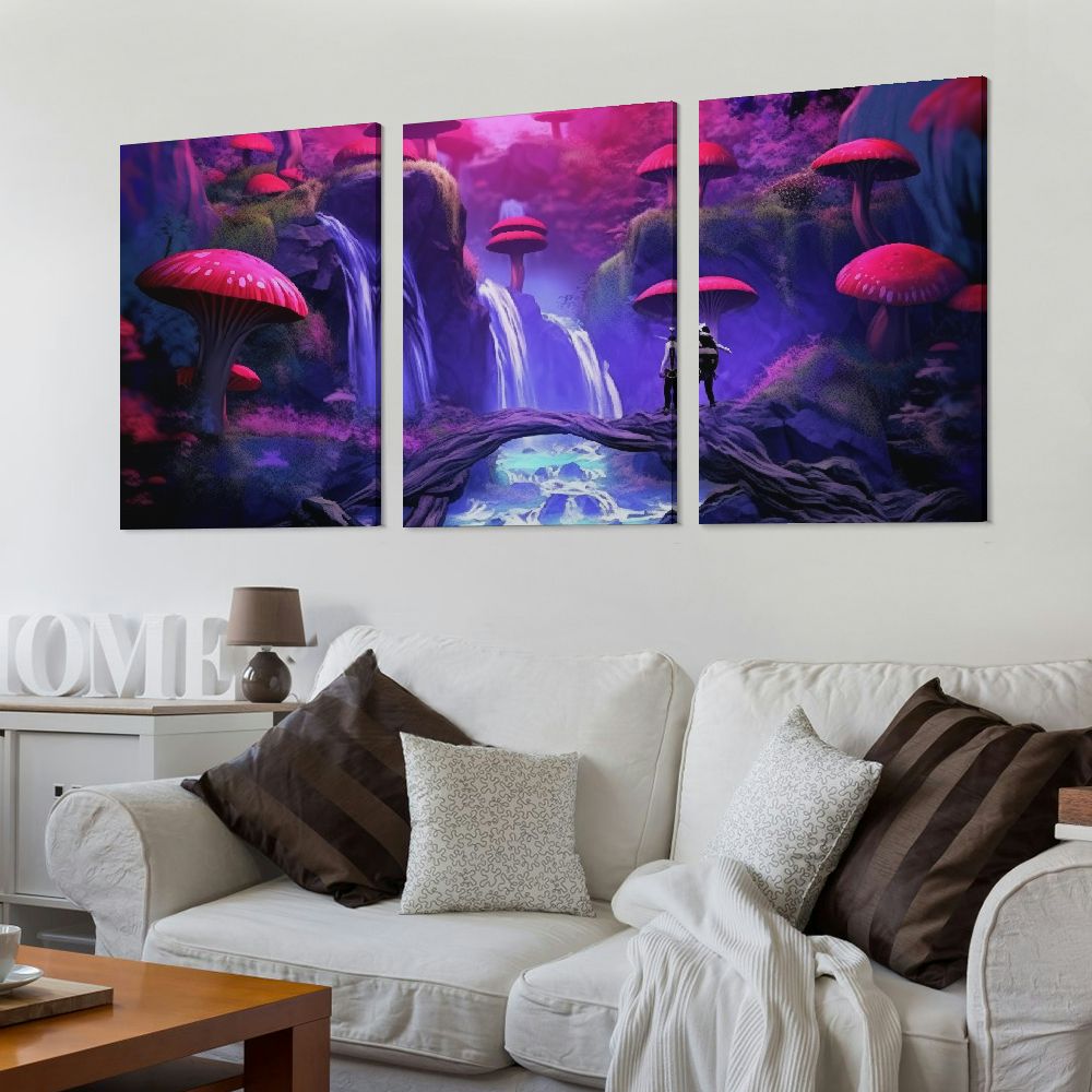 CANFLASHION Waterfall Trees Purple Light Art Wall Decor Canvas Prints 12x16in x3 12x16x3pcs