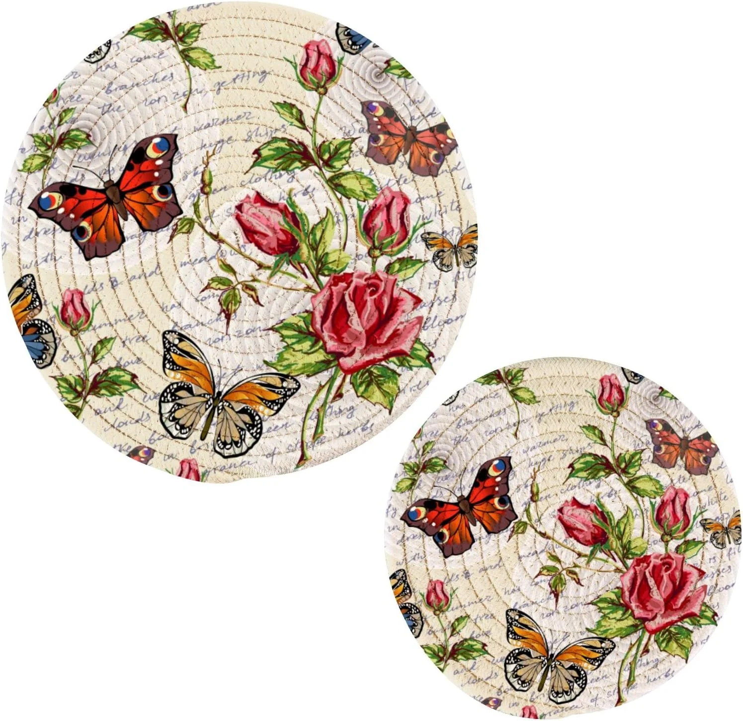SKYSONIC Flowers Butterflies Pot Holders Trivets, 2 Pcs Heat Resistant Trivets,Vintage Summer Cotton Thread Weave Mats for Hot Pads Pans Pot Bowl Teapot for Kitchen Decor