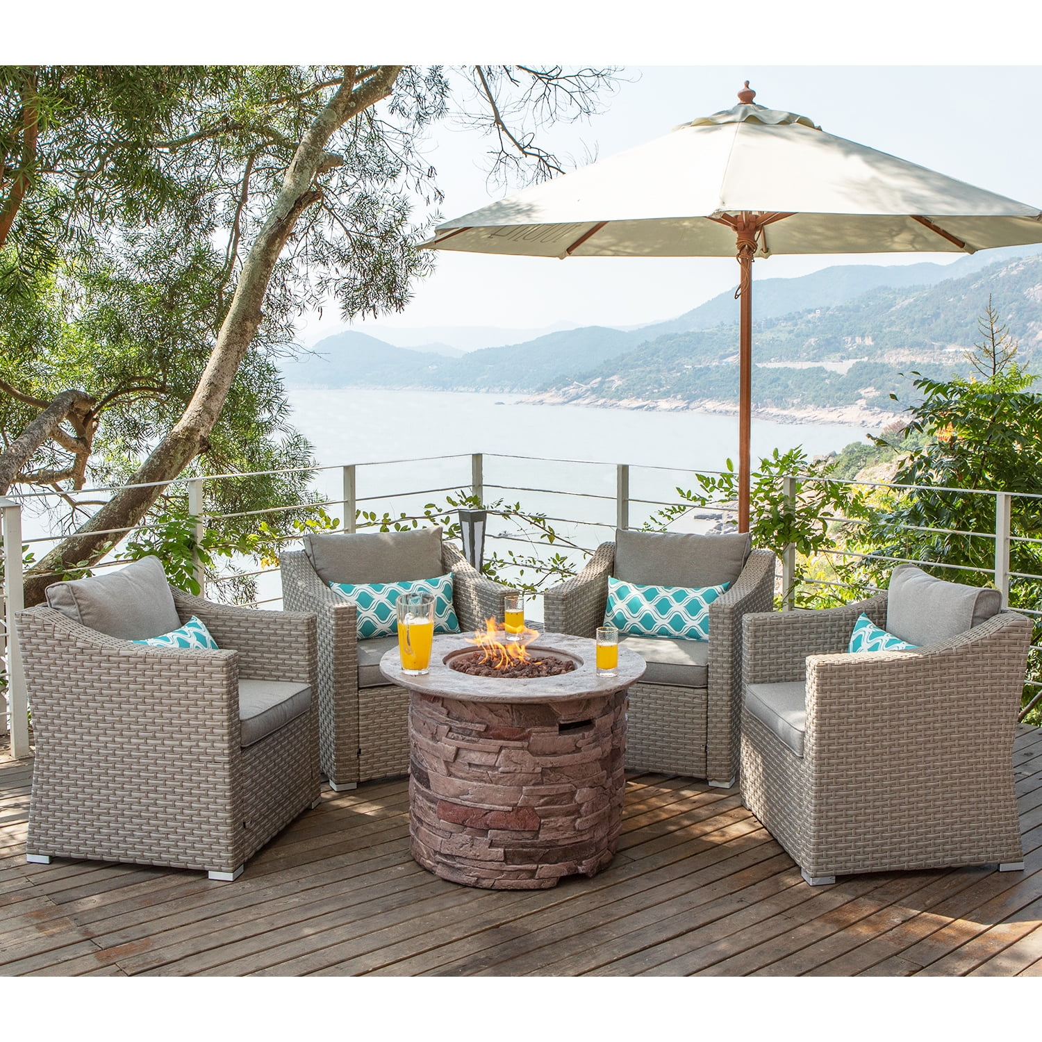 COSIEST 4-Piece Concrete Fire Pit Outdoor Furniture Gray Wicker Sectional Sofa