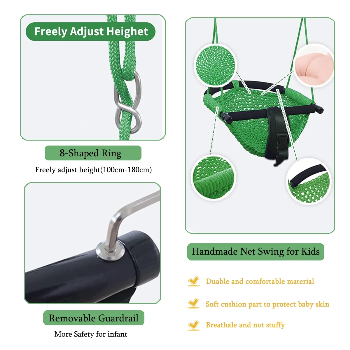 2 in1 Swing Seat Kids with Adjustable Ropes, Secure Children Swing Set for Outdoor and Indoor Toddler Swing Tree Swing Seat for Bakyard Playground, Home(Green)