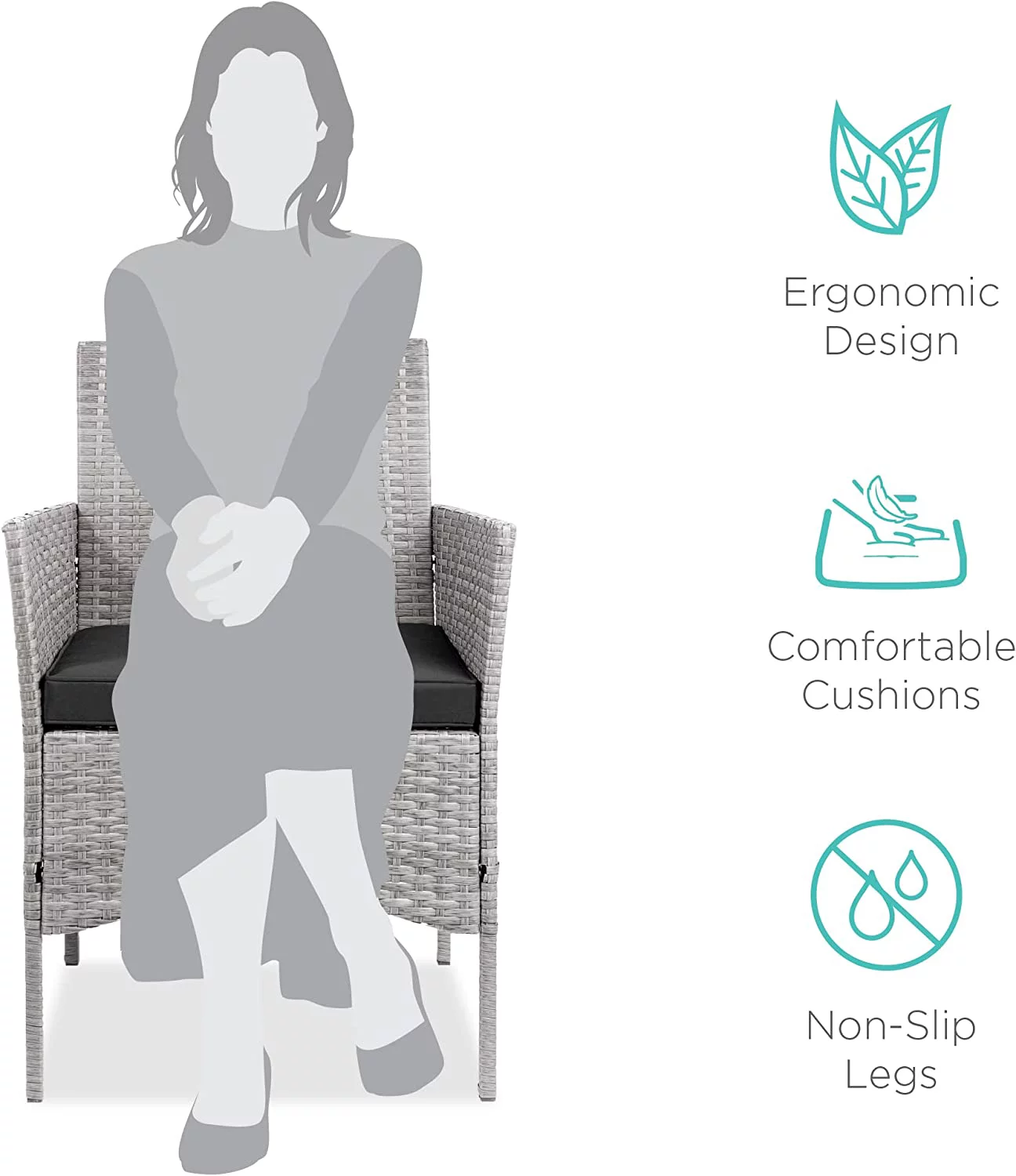 3-Piece Outdoor Wicker Conversation Bistro Set, Space Saving Patio Furniture for Yard, Garden w/ 2 Chairs, 2 Cushions, Side Storage Table - Gray/Black