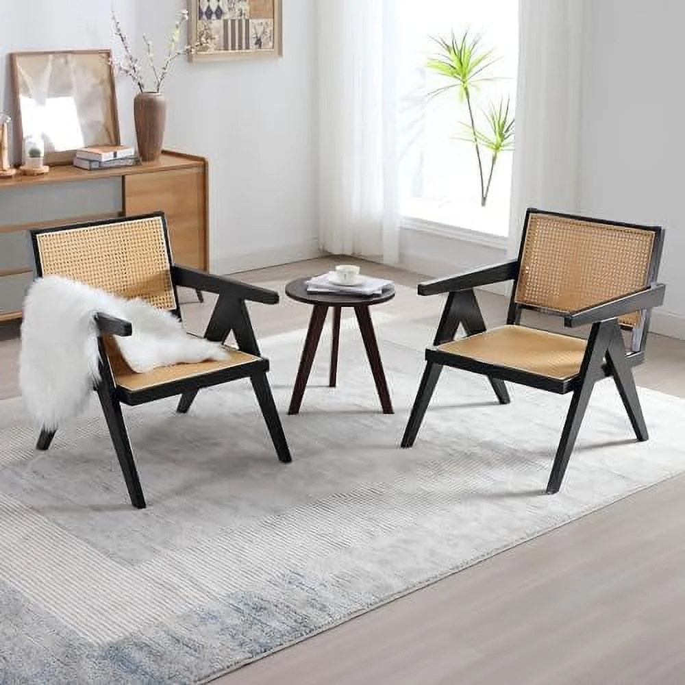 QYFZBIM Rattan Accent Chairs   Wooden Comfy Living Room Chairs with Woven Backrest & Seat  Solid Leisure Armchair  Mid-Century  Cane Lounge Chairs for Bedroom  Patio  Balcony  Natural