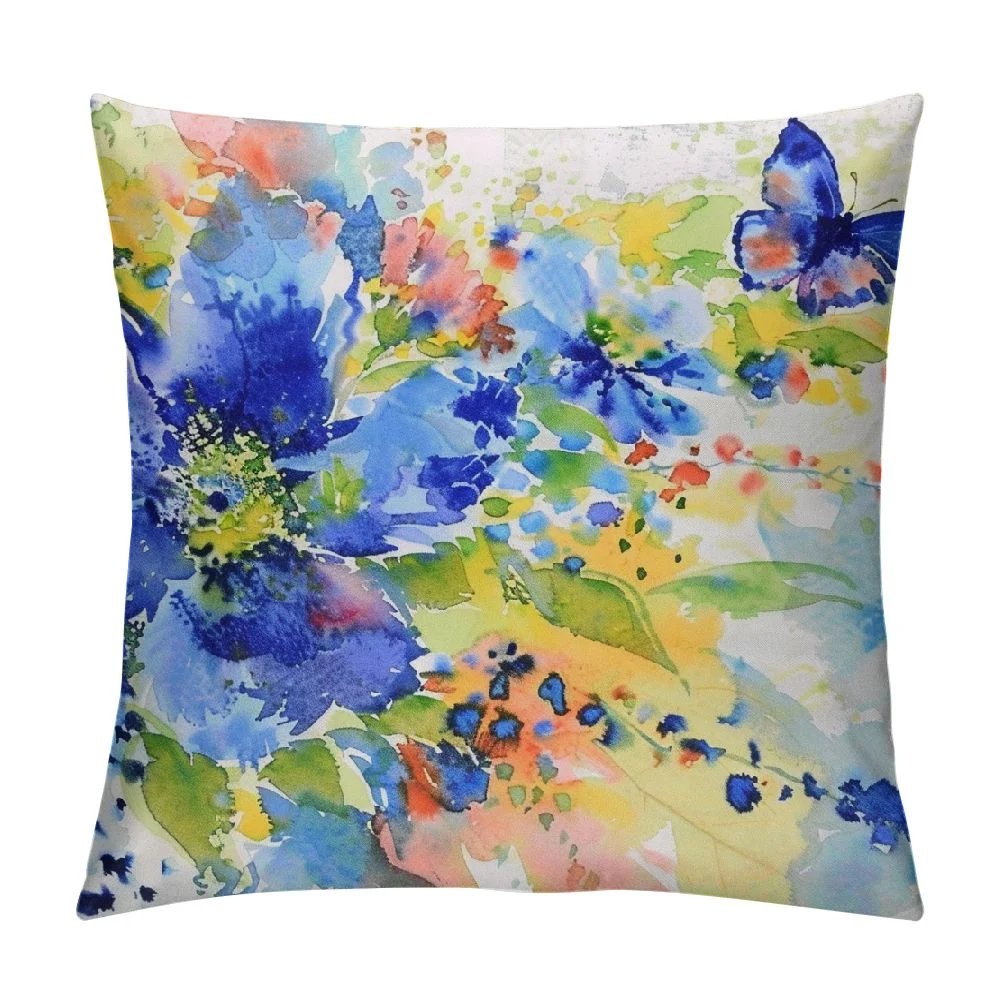 ONETECH  Throw Pillow Cover Watercolor Floral Wildflowers Blue Yellow Summer Floral Butterflies Animal Cute Decor Lumbar Pillow Case Cushion for Sofa Couch Bed Standard
