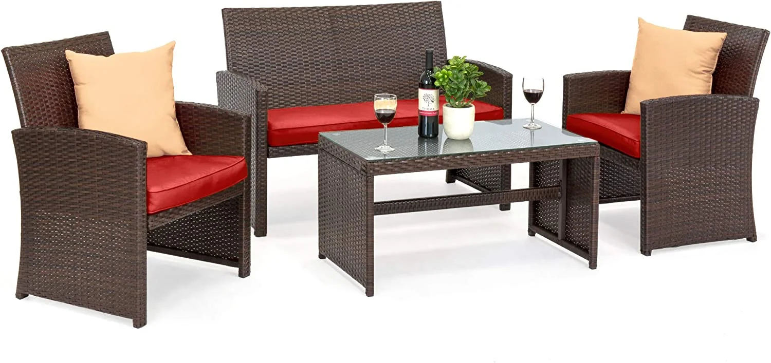 4-Piece Outdoor Wicker Patio Conversation Furniture Set for Backyard, Deck, Poolside w/Coffee Table, Seat Cushions - Brown Wicker/Red Cushions