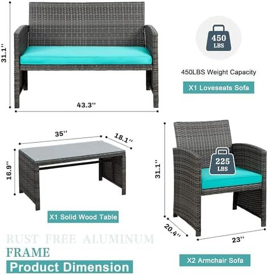 CHNKH 4 Pieces Outdoor Patio  Sets Conversation Sets Rattan Chair Wicker Set Coffee Table Outdoor Indoor Use Backyard Porch Garden Poolside Balcony (Grey Rattan/White)