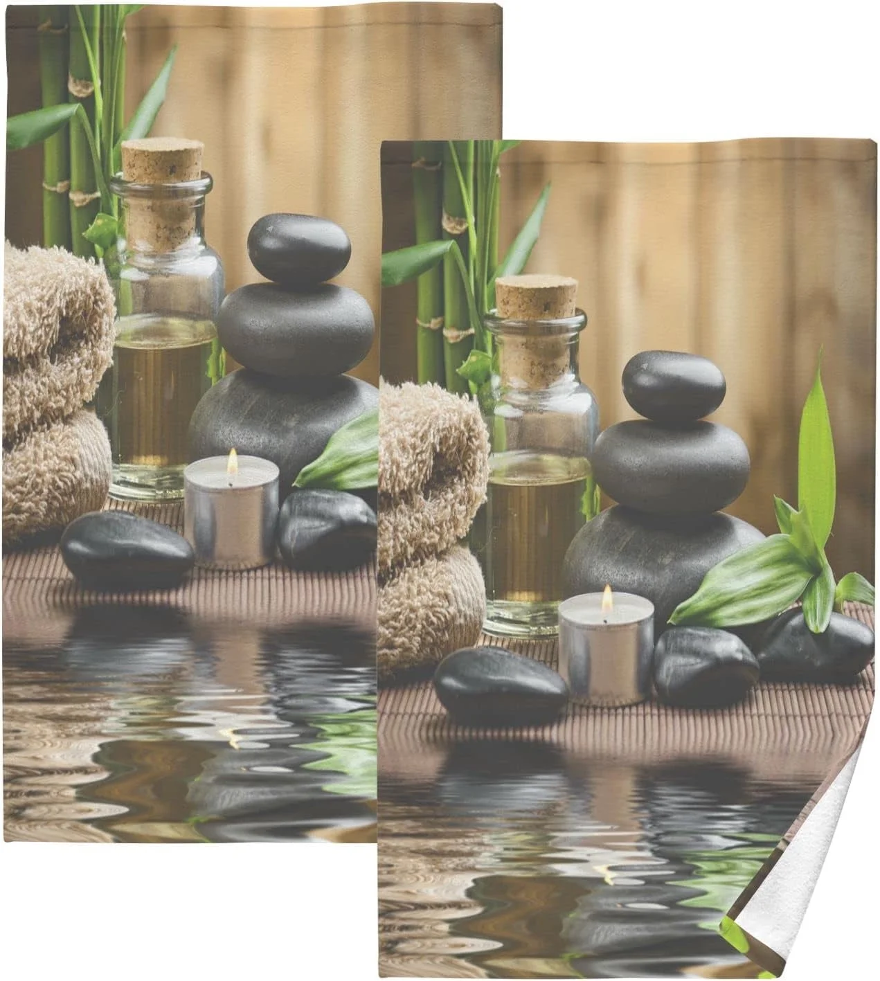 Bestwell Zen Basalt Stones on Wood Print Pure Cotton Hand Towels for Bath Decorative Guest Towels Fingertip Towels for Bathroom Spa Gym, 2-Piece, 16 x 28 inches（236）