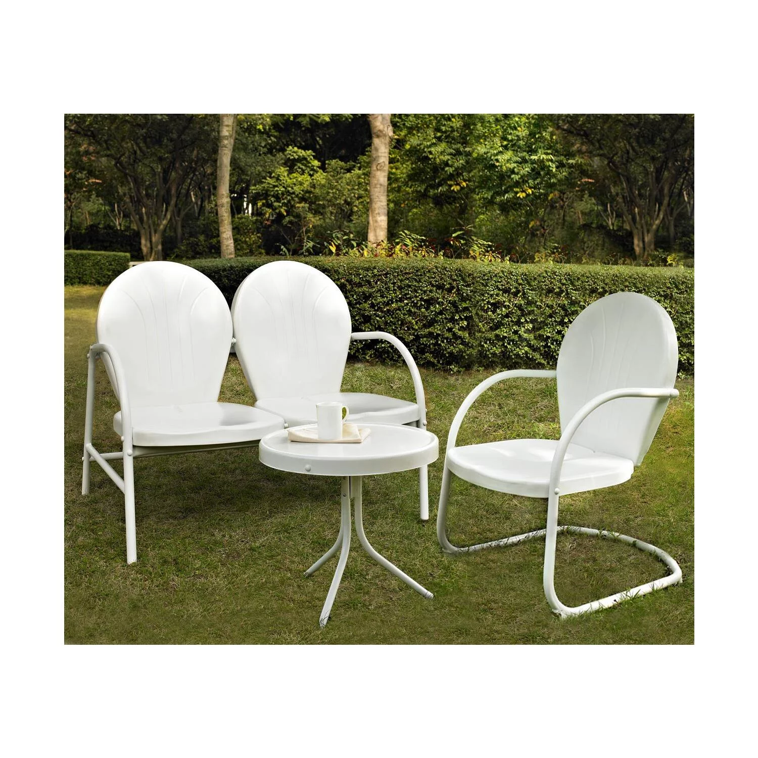 HomeStock Urban Upmarket 3Pc Outdoor Metal Conversation Set White Gloss/White Satin - Loveseat, Chair, & Side Table