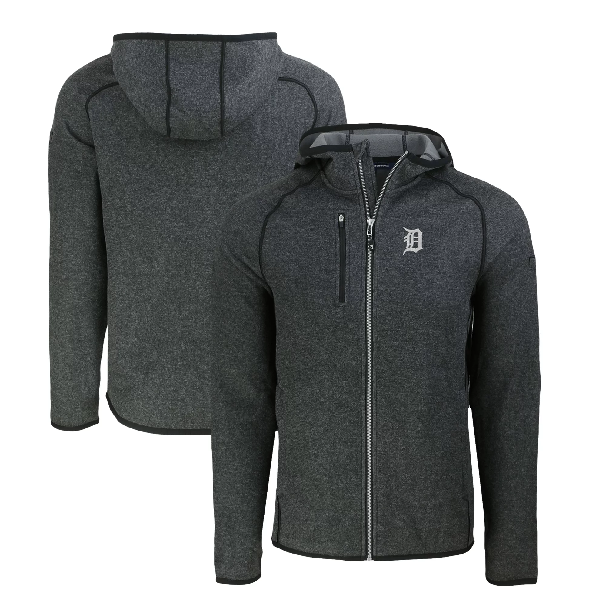 Men's Cutter & Buck Heather Charcoal Detroit Tigers Mainsail Full-Zip Hooded Jacket