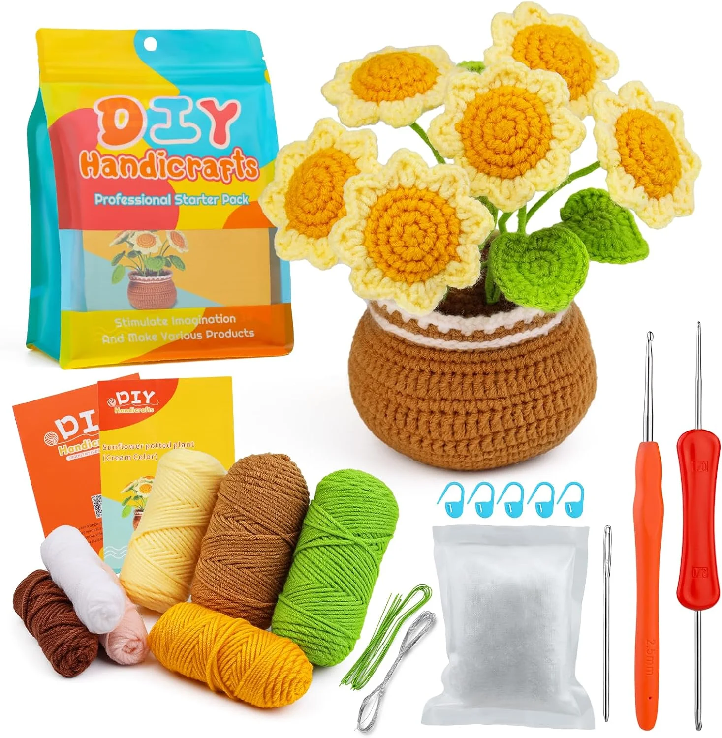 Sunflower Crochet Potted Flowers, Complete Flower Crochet Yarn Set, DIY Crochet Starter Kit with Step-by-Step Video Tutorials for Adults Kids Beginners