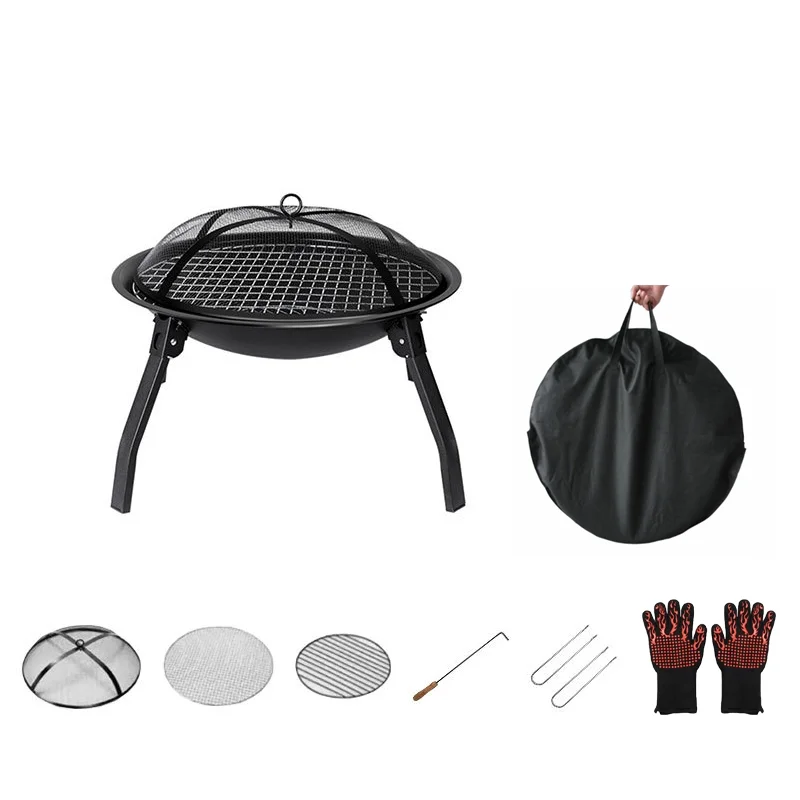 XL fire bowl, grill grate, poker, spark guard lid, garden, terrace, fireplace D 56.5 cm, black