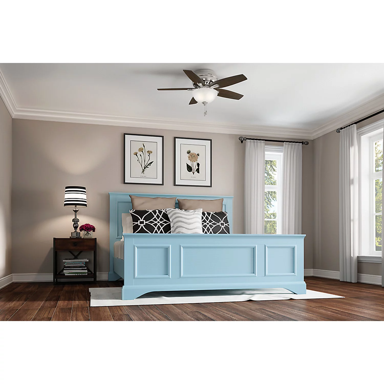 Hunter 51082 Newsome 42-Inch Low Profile Ceiling Fan with Light (Medium Walnut/Dark Walnut with Brushed Nickel Finish) & 26019 Brushed Nickel Downrod (12-Inch)