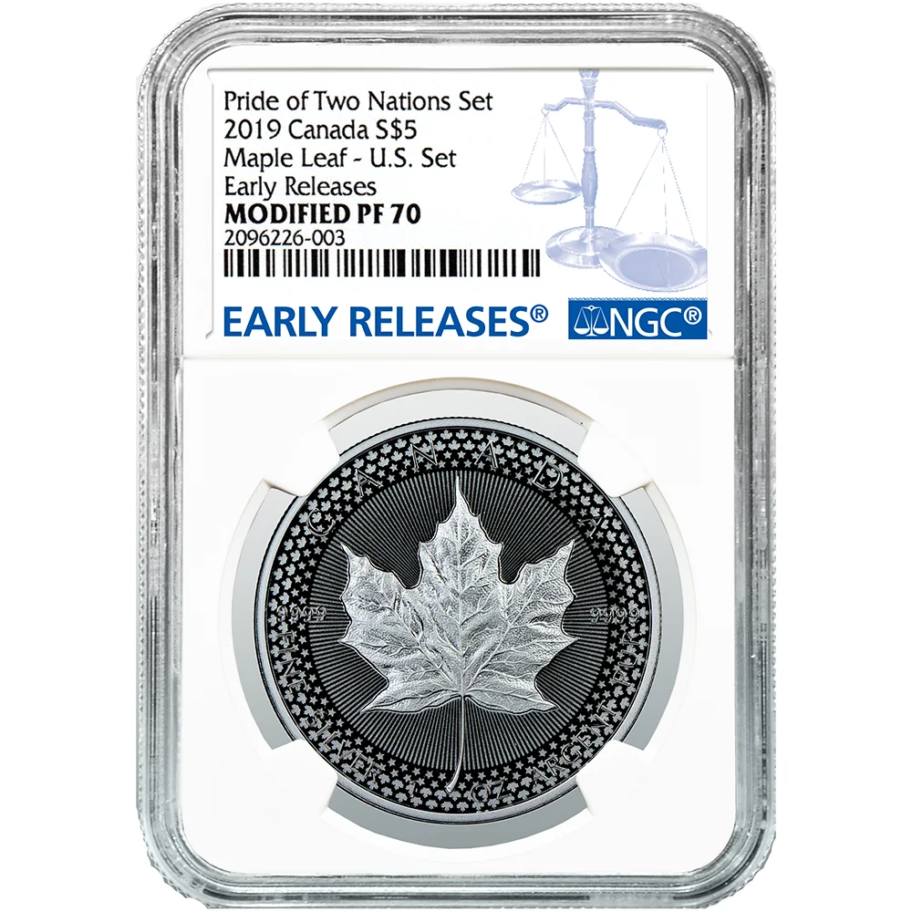 2019 Modified Proof $5 Silver Canadian Maple Leaf NGC PF70 Blue ER Label Pride of Two Nations U.S. Set