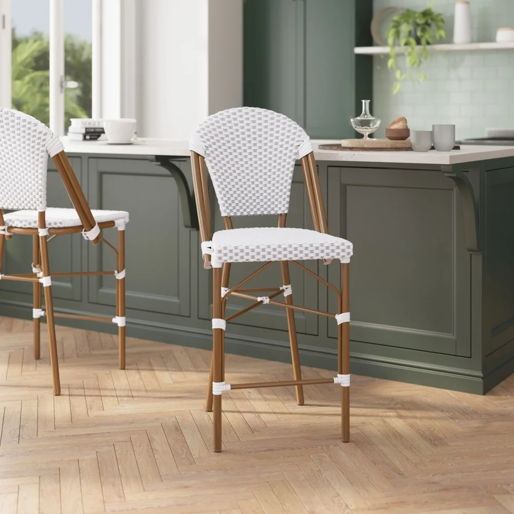 Lancaster Home 2 Pack All-Weather Commercial Paris Stools with Bamboo Print Frame White & Gray/Natural Frame