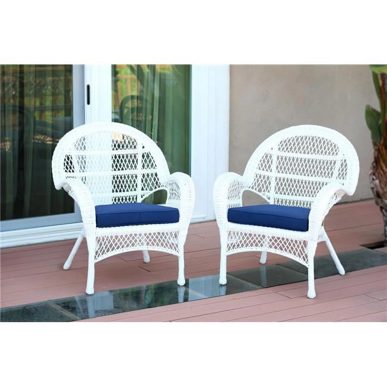 W00209-C-2-FS011-CS White Wicker Chair with Blue Cushion - Set of 2
