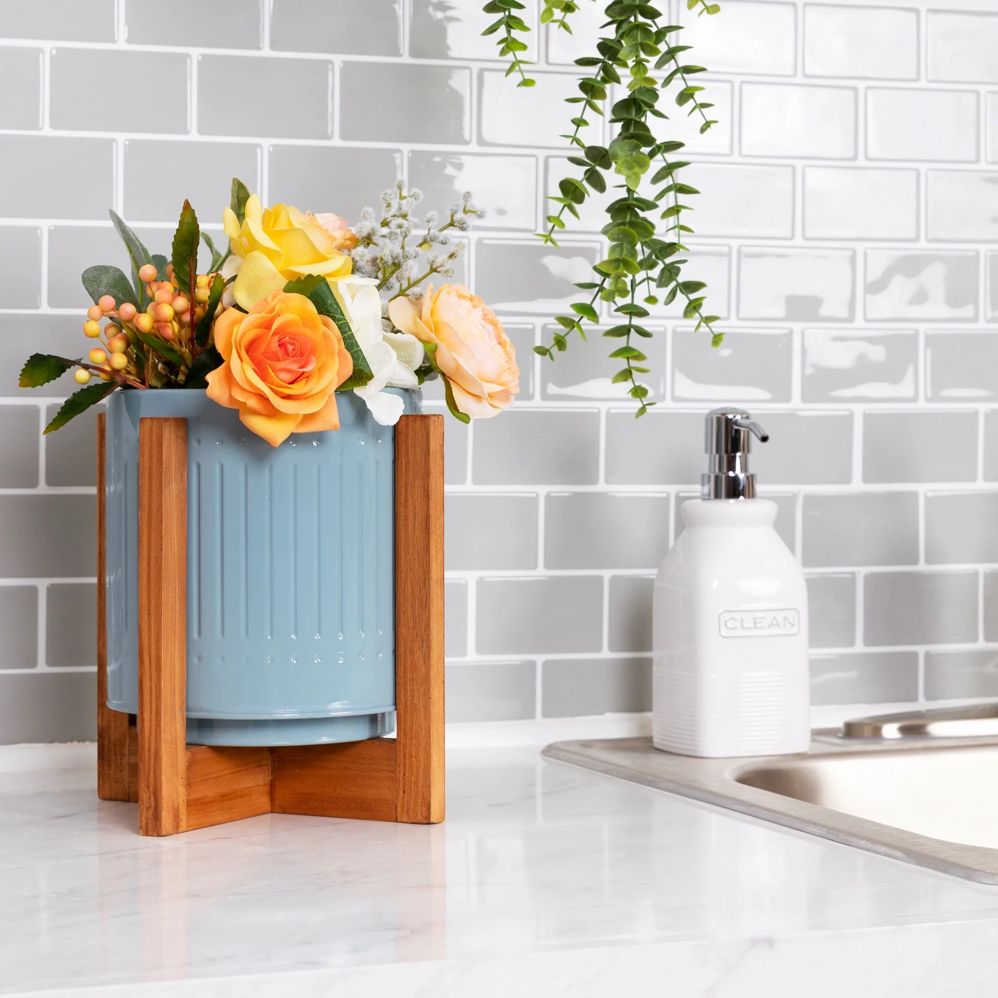 Stratton Home Décor Blue Metal and Wood Planter