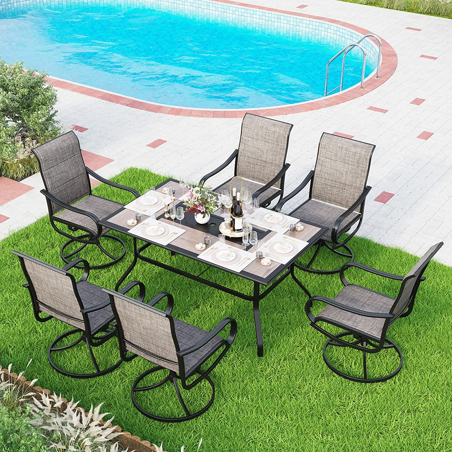7-Piece Metal Outdoor Patio Dining Furniture Set with 6 Sling Dining Swivel Chairs and 1 Metal Steel Slat Dining Rectangle Table with Adjustable Umbrella