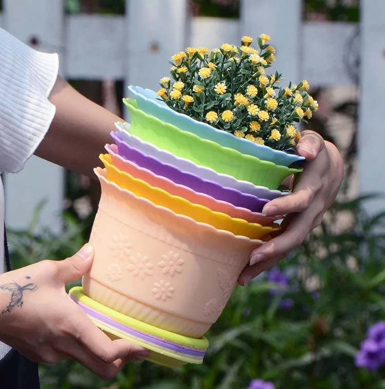 PP Durable Plant Flower Pot Pretty Solid Color Printing Thickened Green Radish Fleshy Flower Pots with a Tray Home Garden Tool