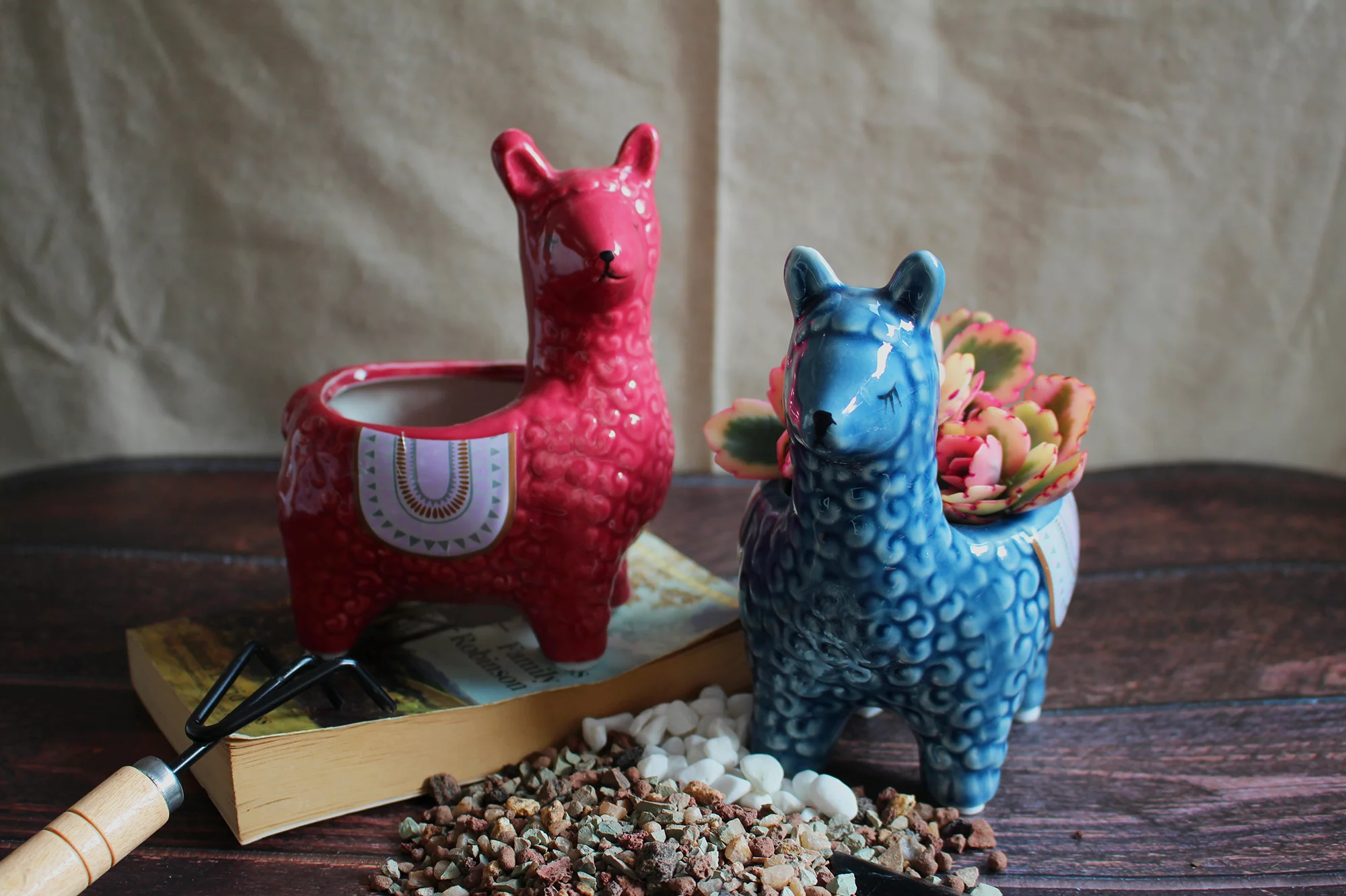 Cotta Planters Alpaca Ceramic Animal Planter Succulent Pots, Red and Blue, Set of 2