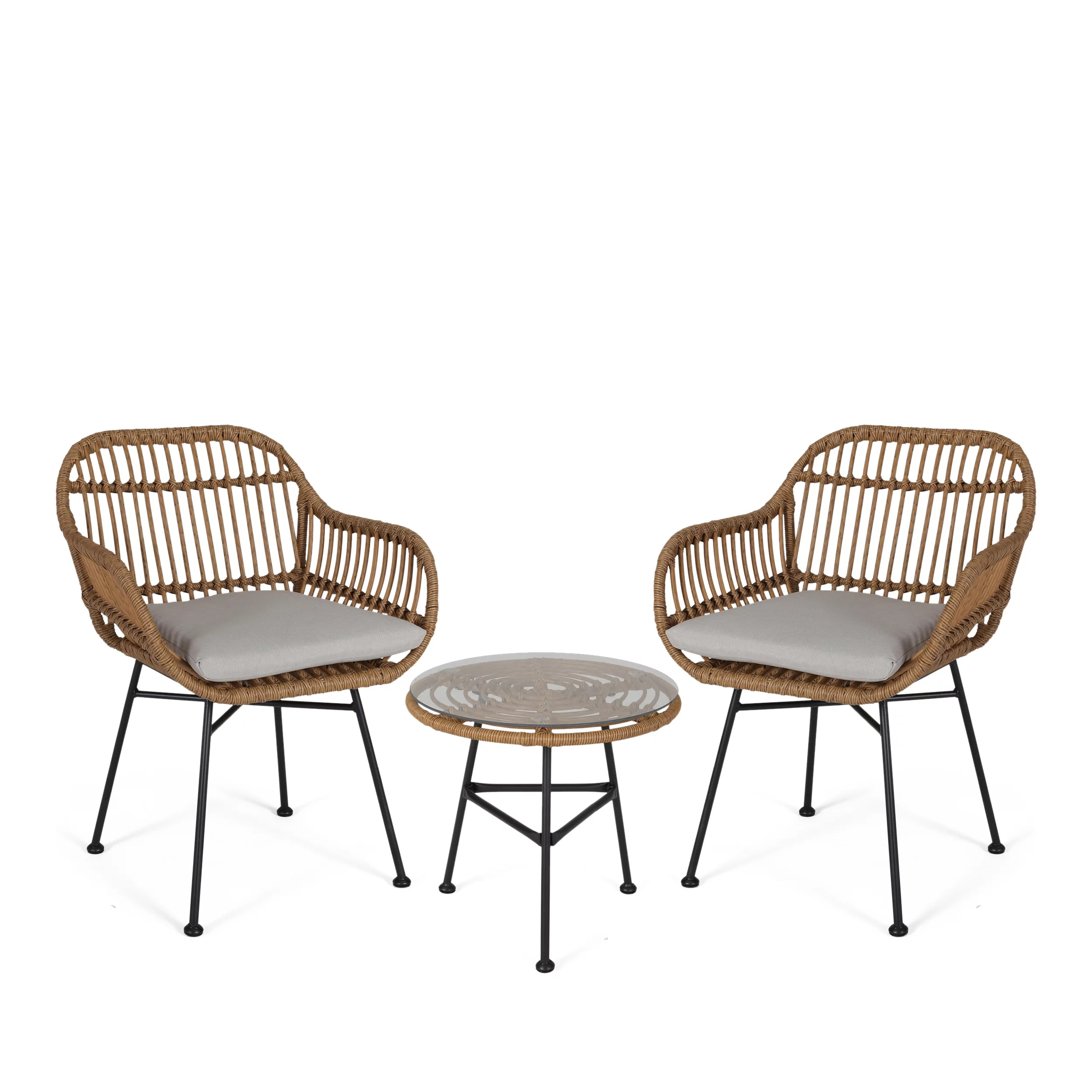 Myles Outdoor Faux Wicker 2 Seater Chat Set with Tempered Glass Table, Light Brown and Beige