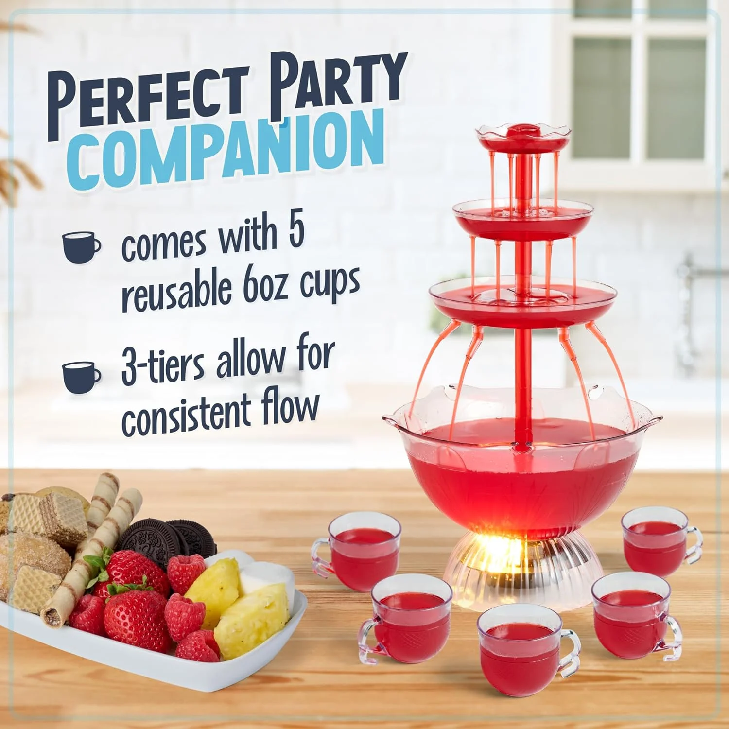 Nostalgia 3-Tier Party Fountain, Holds 1.5 Gallons, LED Lighted Base, Includes 8 Reusable Cups, 1.5 Gallon, Clear