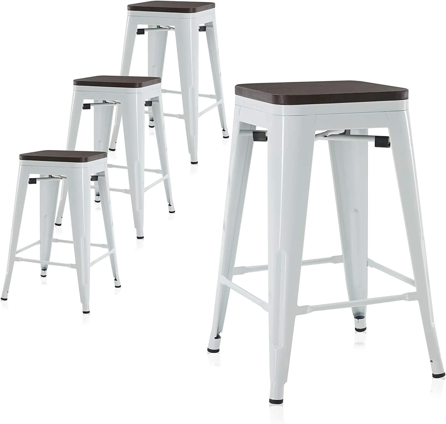RSJIWOGZ 24 Inch Modern Stackable Metal  Stools with Wood Seat  Indoor Outdoor Restaurant Patio Kitchen Dining  Antique Farmhouse Vintage Industrial Steel Metal [Set of 4] - Wyatt ()