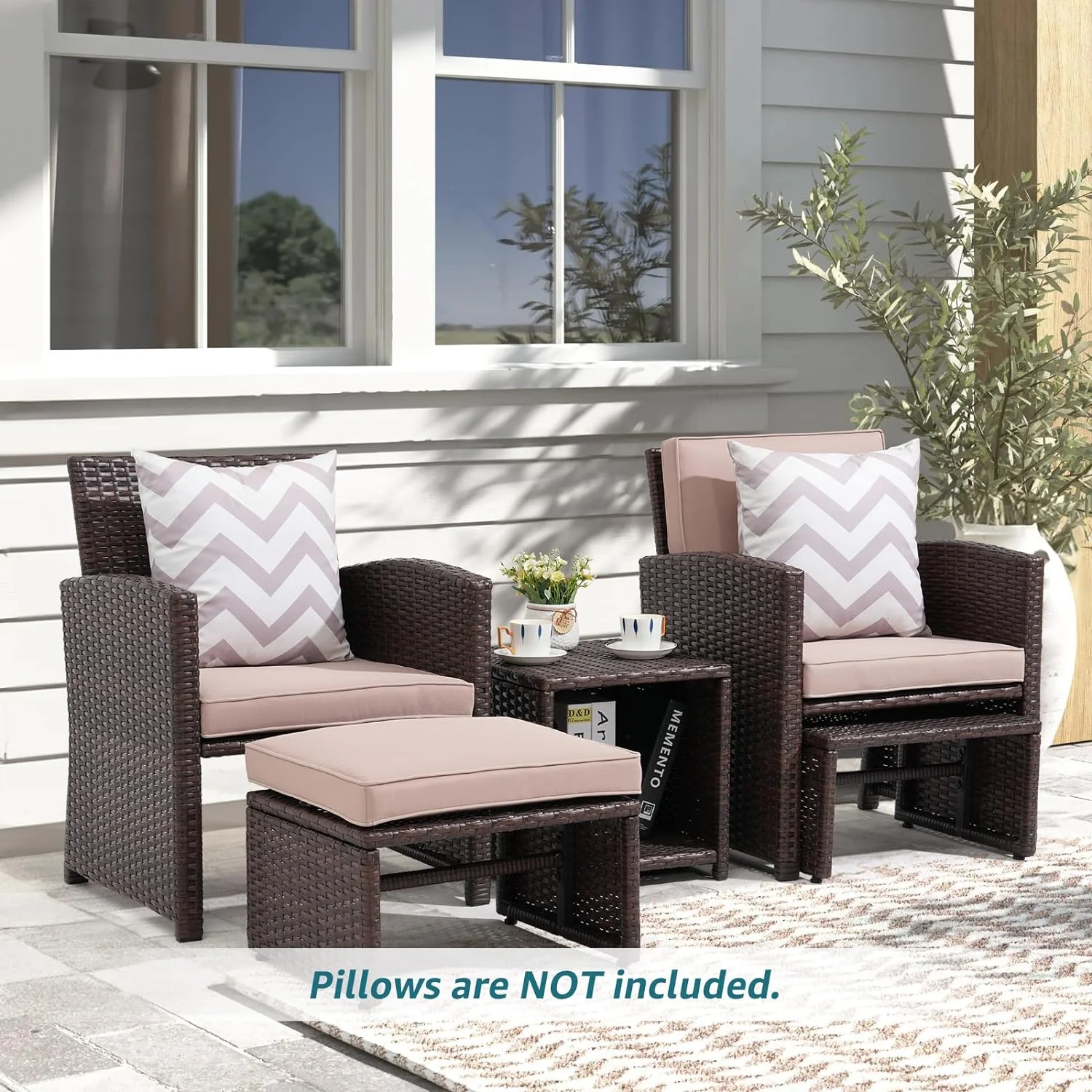 HBROLJF 5 Pcs Patio Conversation Set Balcony  Set with Cushions  Brown Wicker Chair with Ottoman    for Backyard  Garden  Porch  Blue