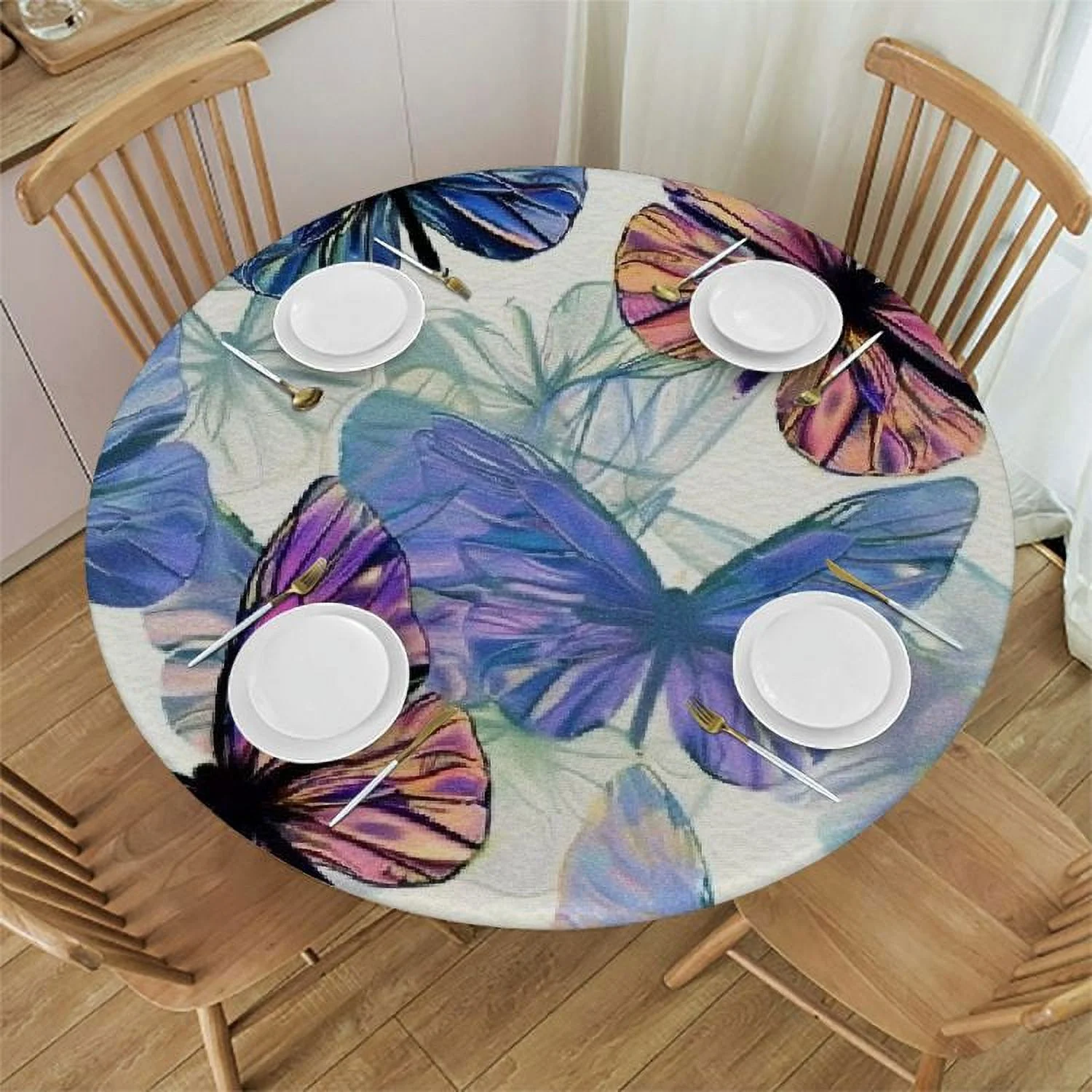 Xllo0ord Colorful Butterfly Purple Vinyl Round  Table Cover Waterproof Vinyl Tablecloth with Flannel Backing, Round Tablecloth White