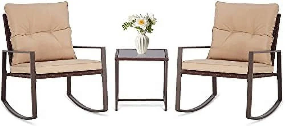 CHTYVC 3-Piece Patio  Outdoor Rocking Chairs Set Black Wicker Porch Chairs with Glass Coffee Table  Beige Cushion