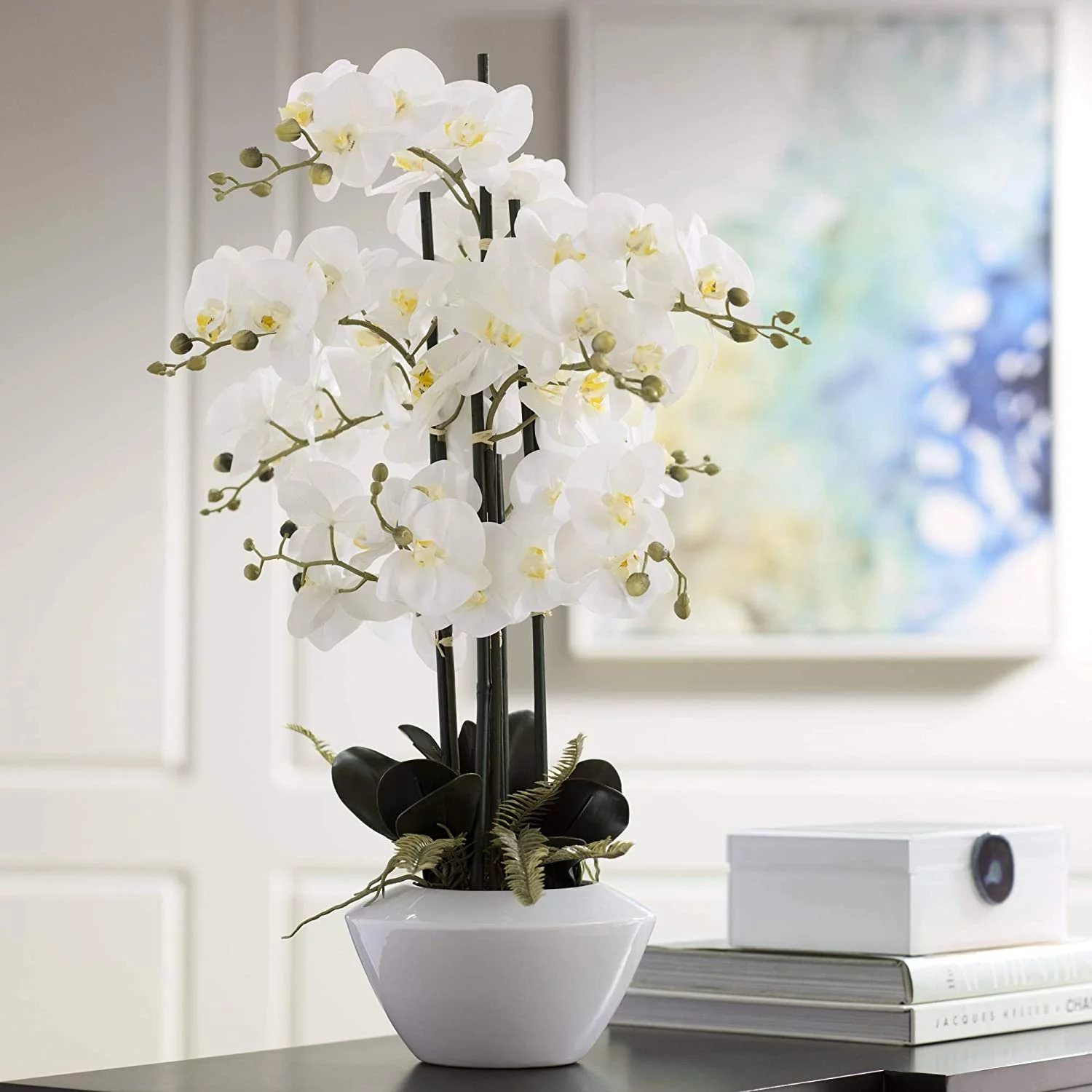 Potted Faux Artificial Flowers Arrangements Realistic White Phalaenopsis Orchid in White Ceramic Pot for Home Decoration Living Room Office Bedroom Bathroom Kitchen 29