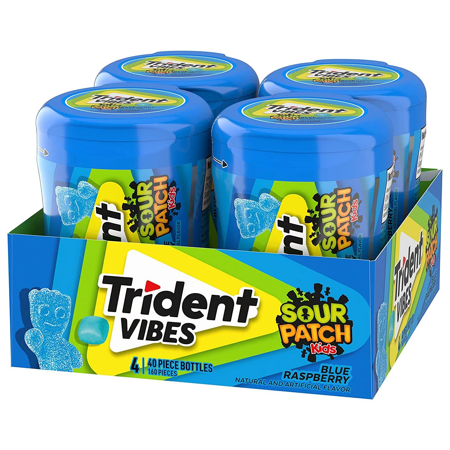 Trident Vibes SOUR PATCH KIDS Blue Raspberry Sugar Free Gum, 4-40 Piece Bottles 160 Total Pieces